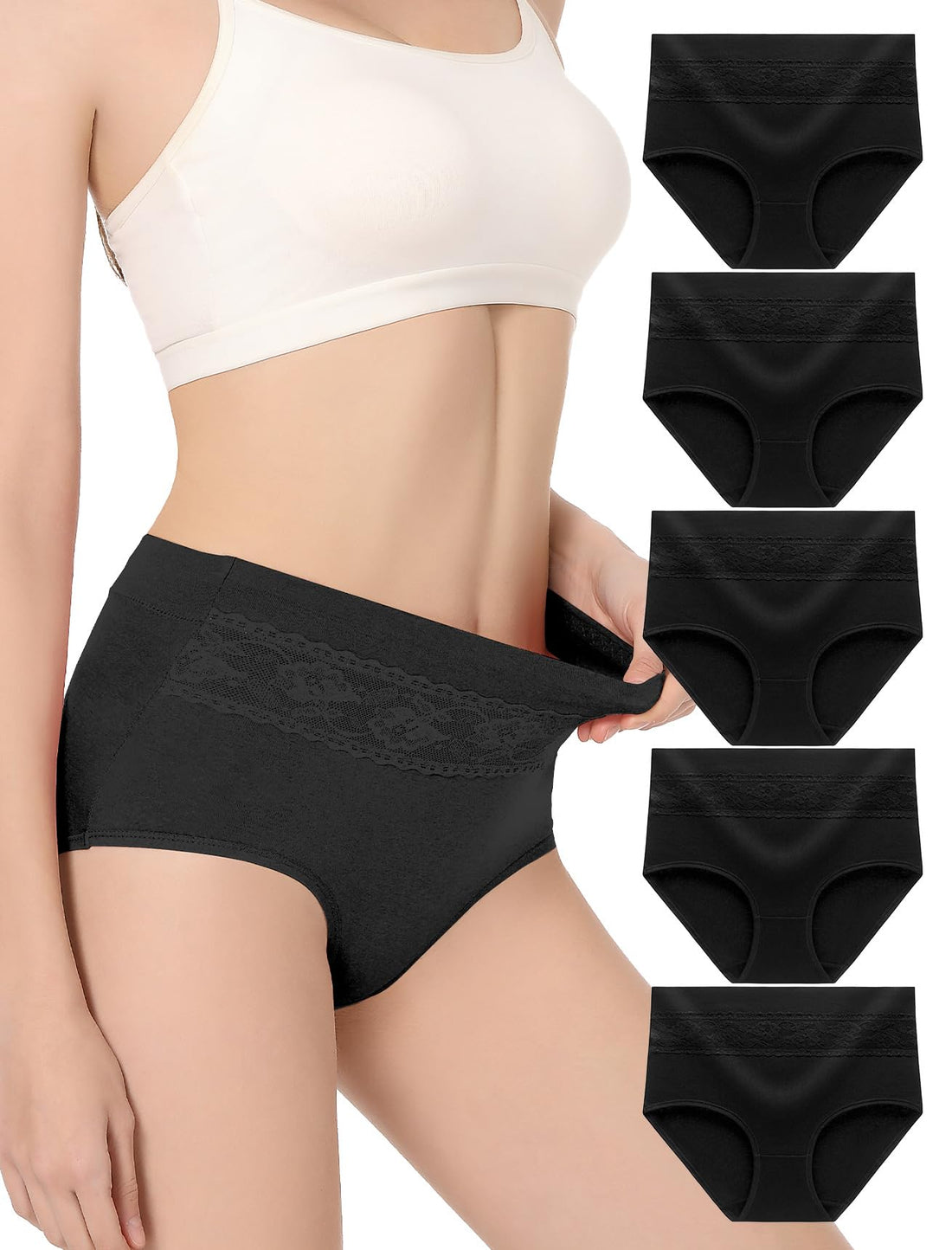 HAVVIS Women's Briefs Underwear Cotton High Waist Tummy Control Panties Rose Jacquard Ladies Panty Multipack