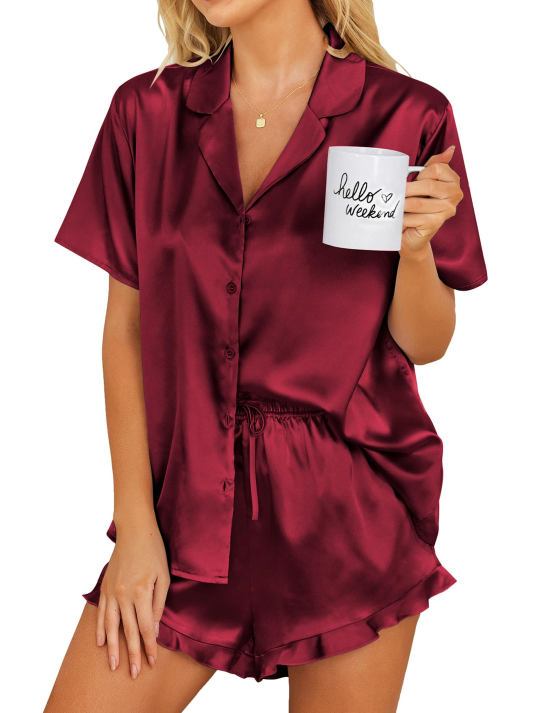 Ekouaer Womens Satin Pajamas Set Button Down Silk Pj Shorts Set with Ruffle