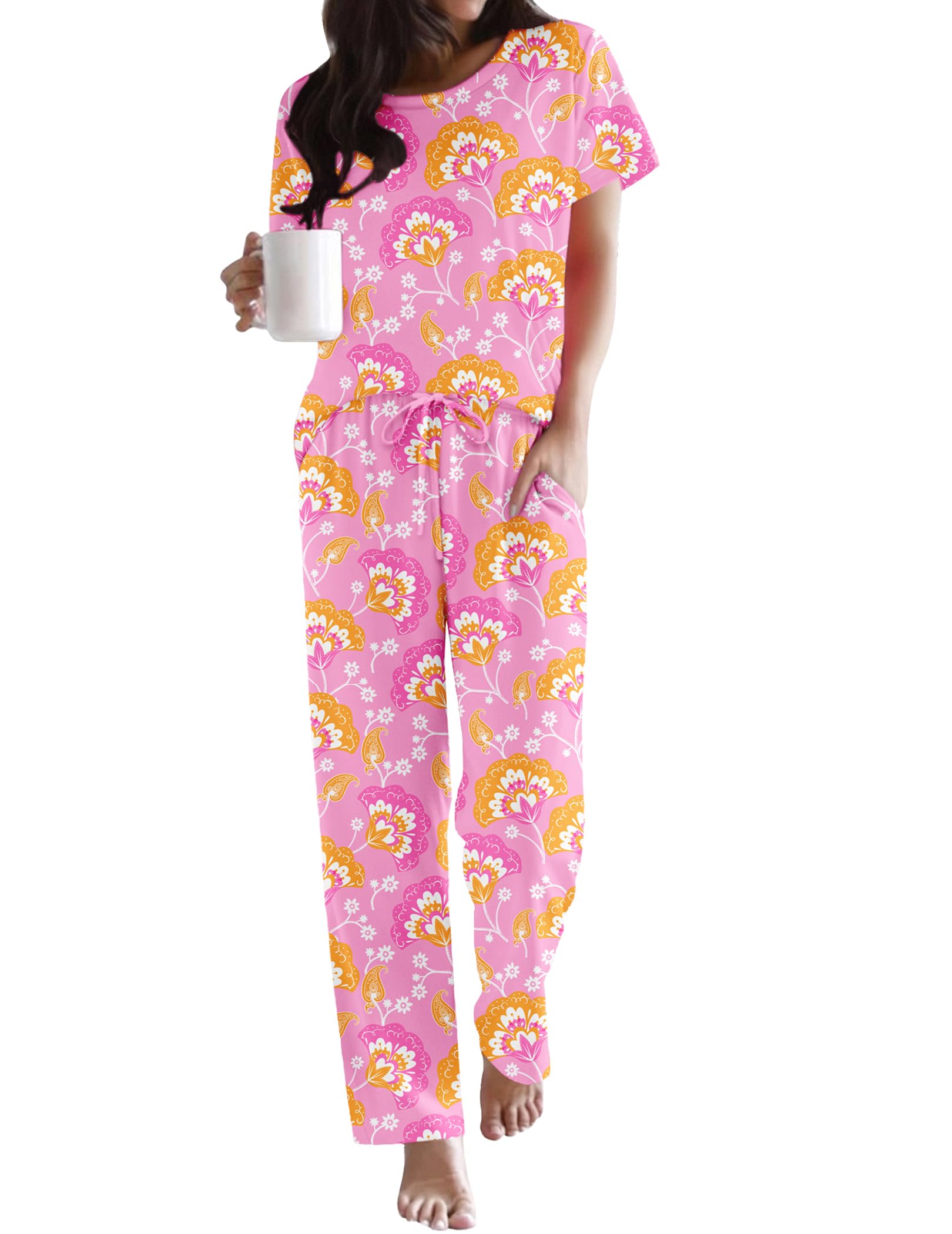 Ekouaer Womens Pajamas Sets Round Neck Pjs Loose Lounge Sets Sleepwear