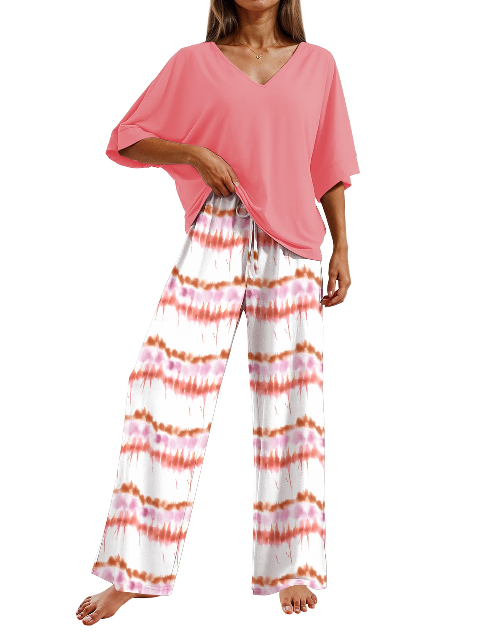 Ekouaer Pajama Sets Womens 2 Piece Short Sleeve Long Pants Pjs Lounge Set