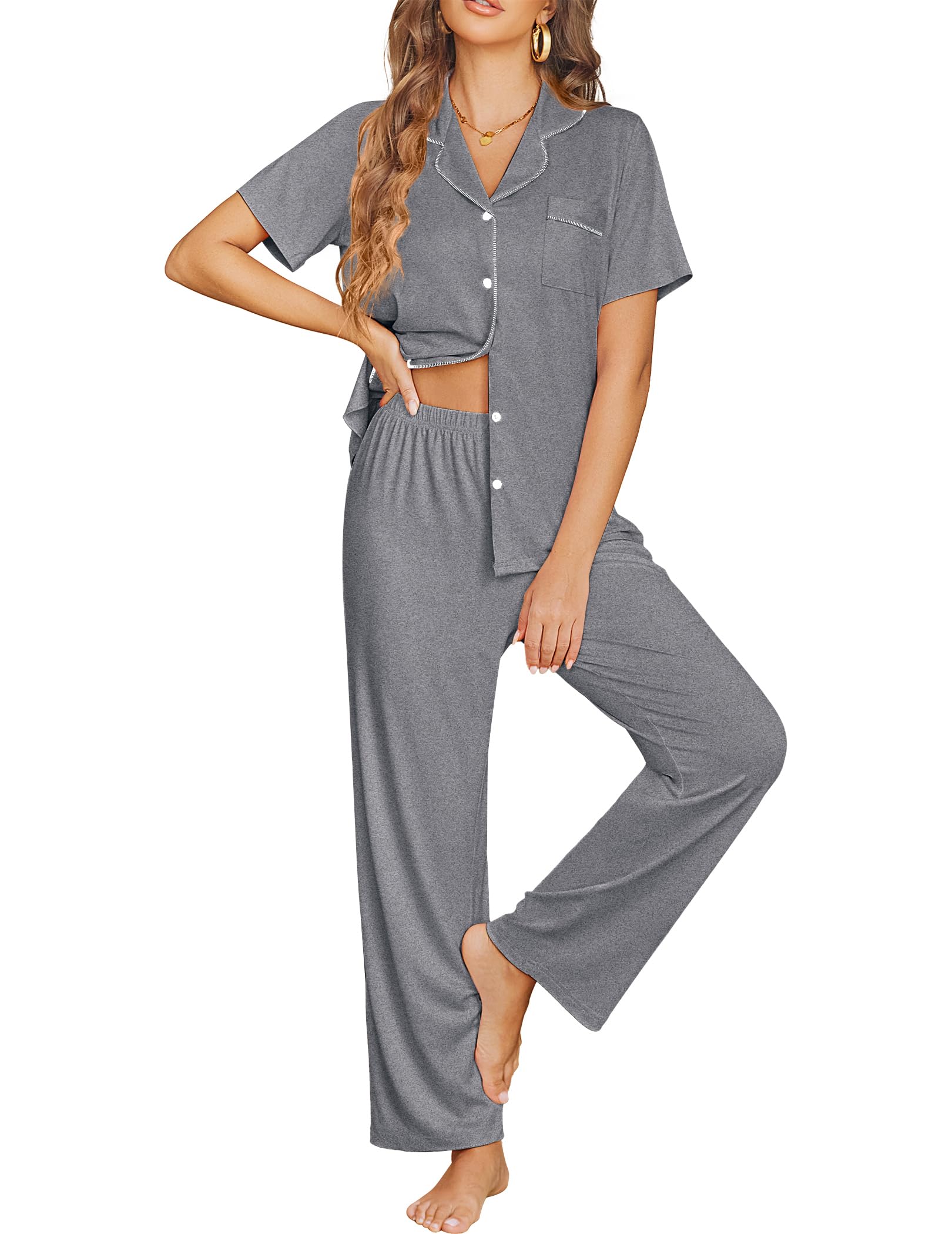 Ekouaer Womens Pajama Sets Button Down Lounge Sets 2 Piece Short Sleeve Pjs