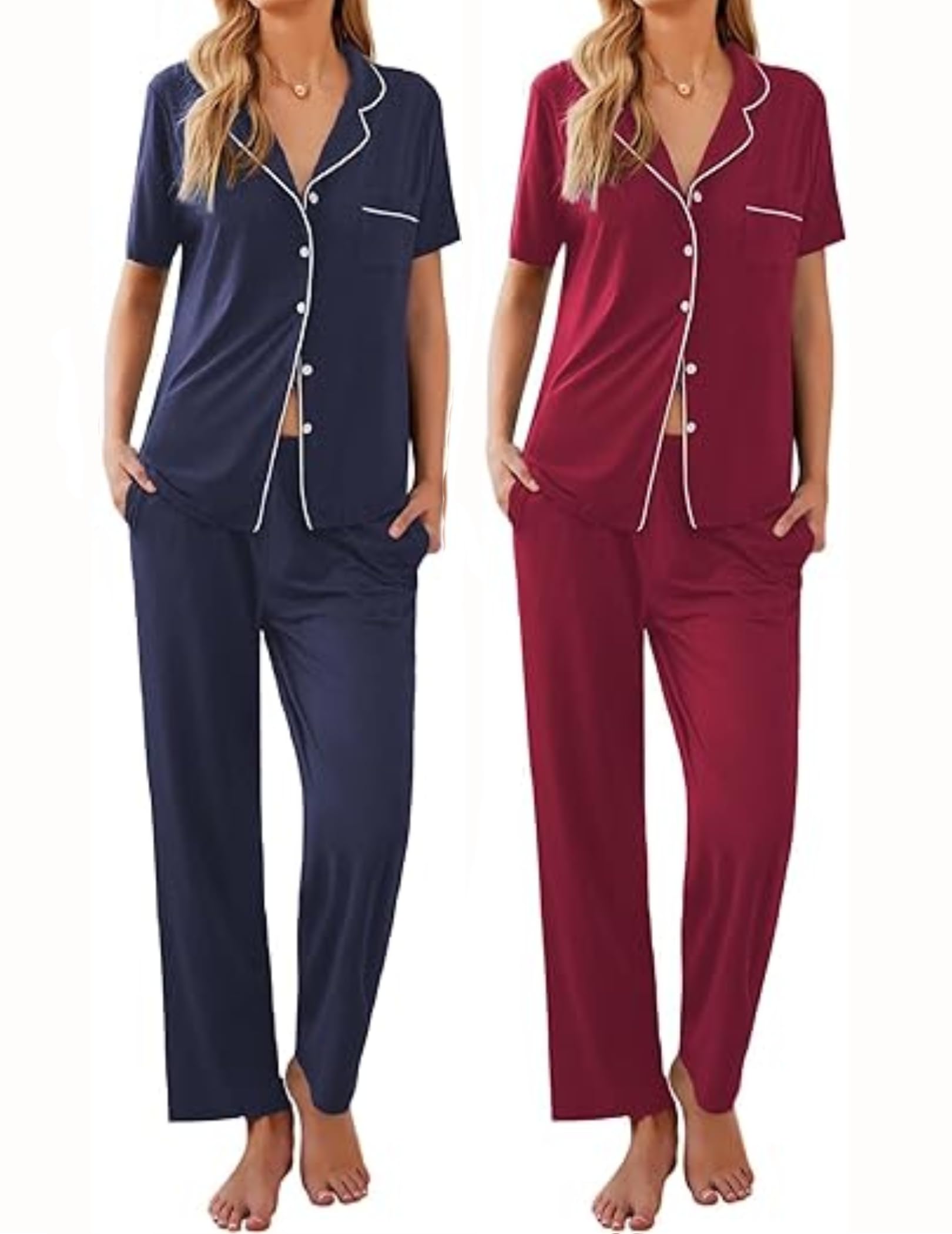 Ekouaer 2 Pack Womens Pajamas Sets Short Sleeve Pjs Button Up Sleepwear Set