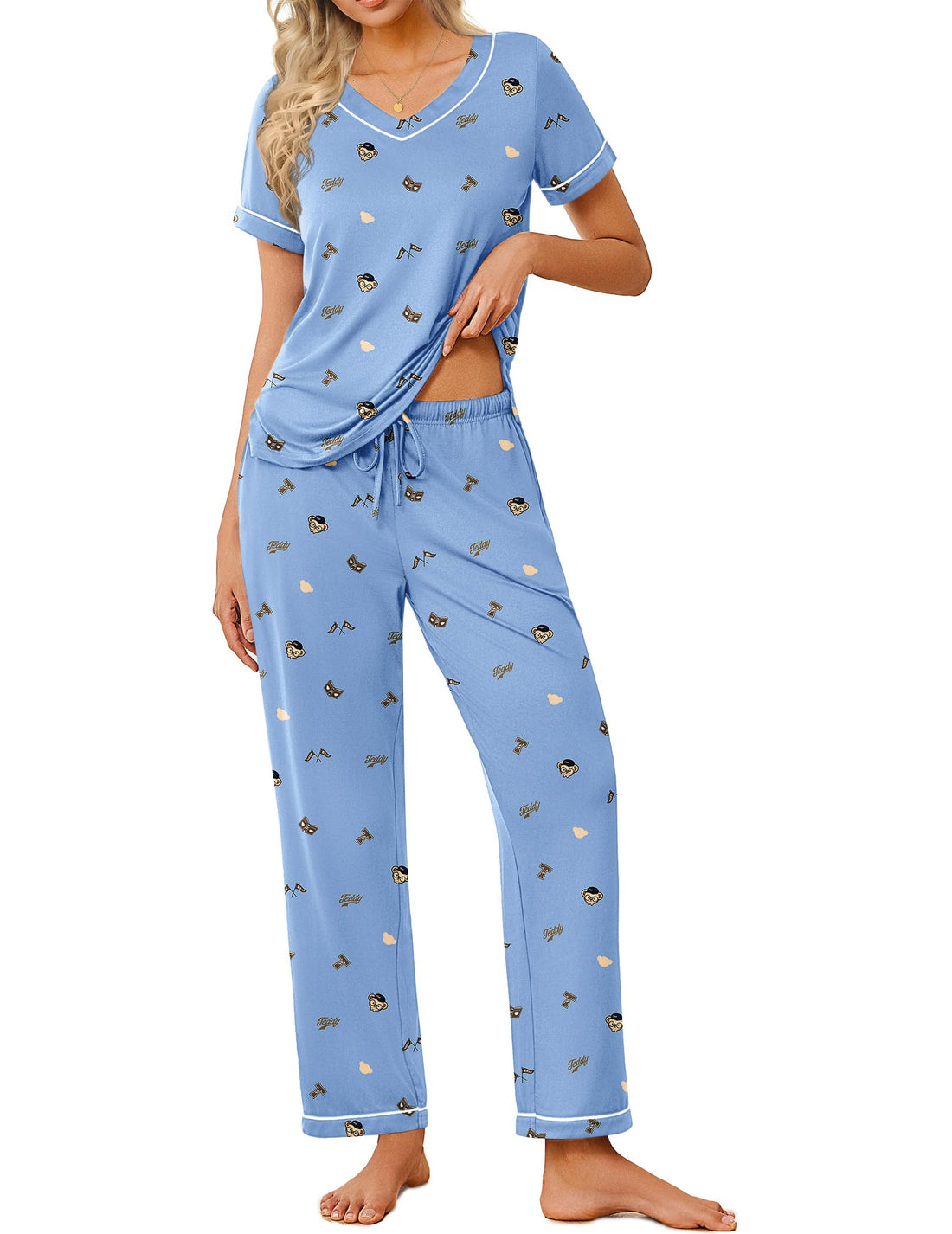 Ekouaer Pajamas for Women Set 2 Piece Lounge Set Soft Pajama Sets Short Sleeve and Pants Pj Sets Loose Sleepwear with Pockets