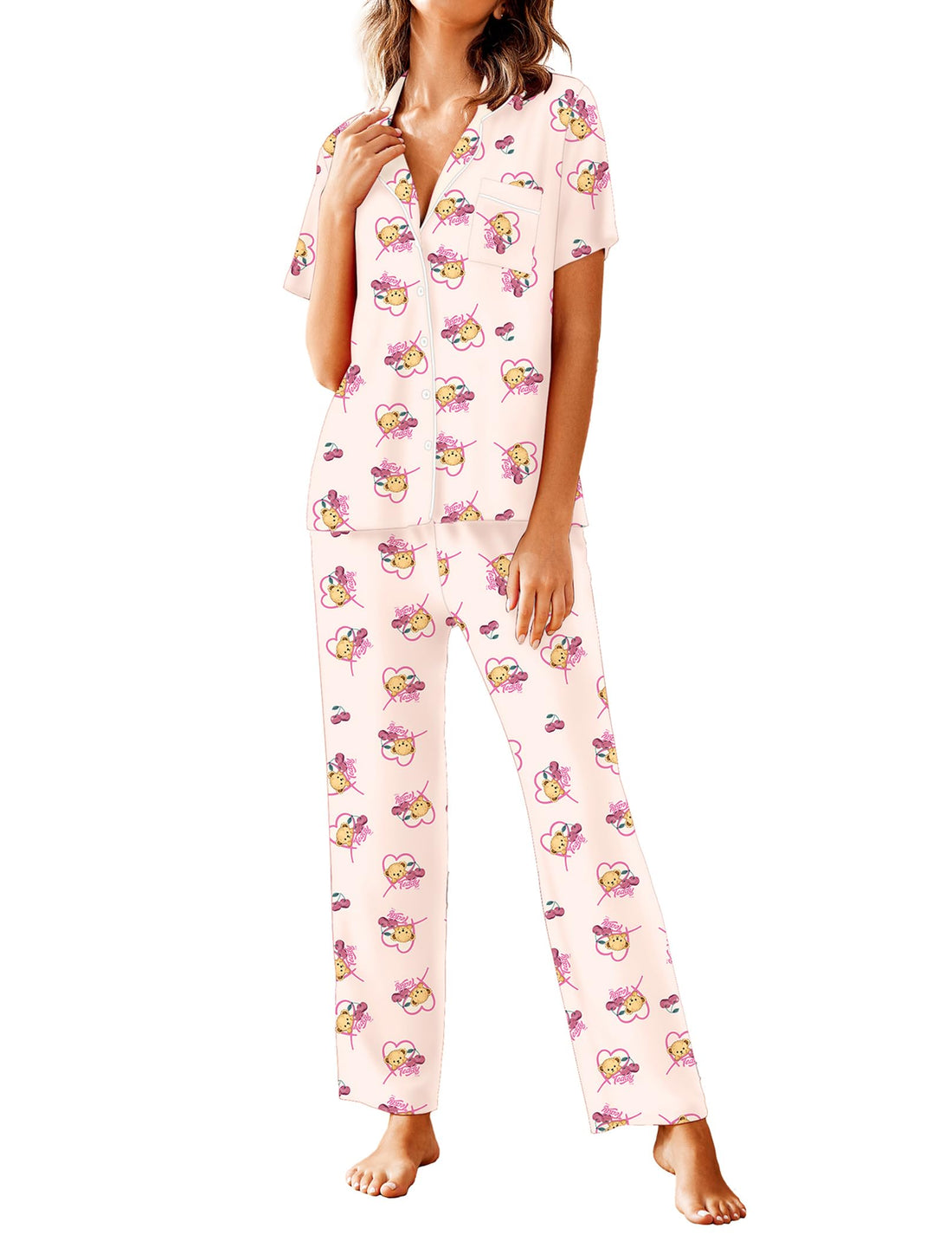 Avidlove Women Pajamas Set Notch Collar Soft Sleepwear Pjs Short Sleeve Button Down Nightwear with Long Pants