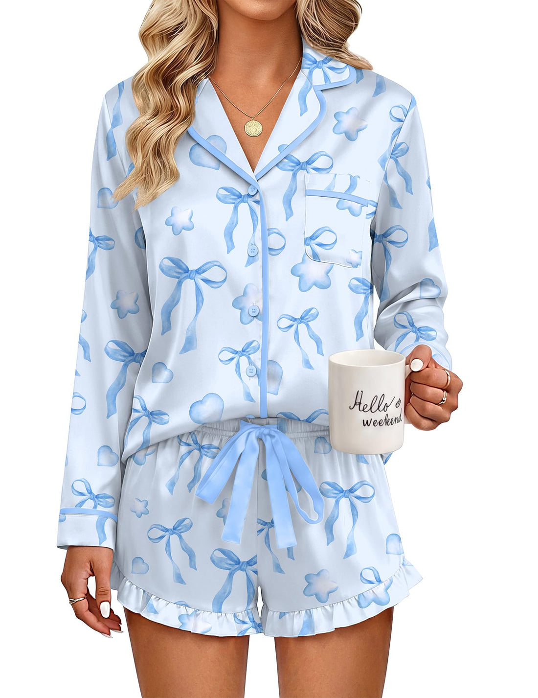 Ekouaer Womens Satin Pajamas Set 2 Piece Long Sleeve and Ruffle Shorts