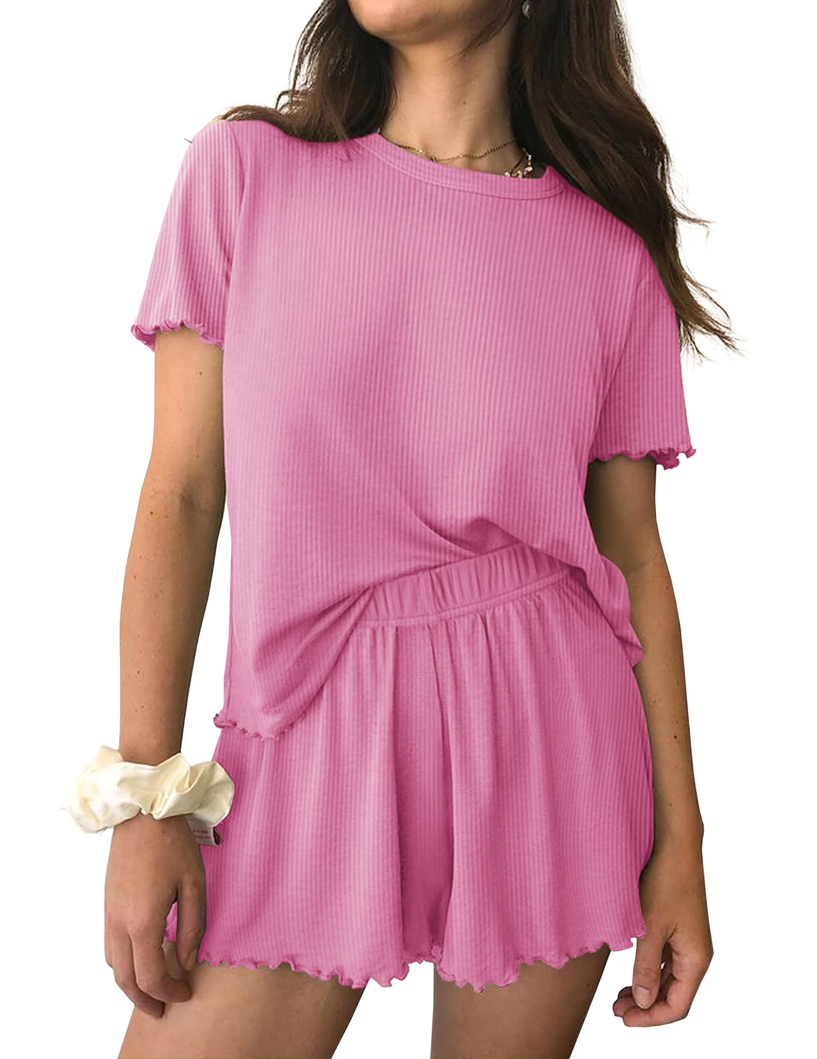 Ekouaer Womens Pajamas 2 Piece Ribbed Knit Pjs Short Sleeve Lounge Sets