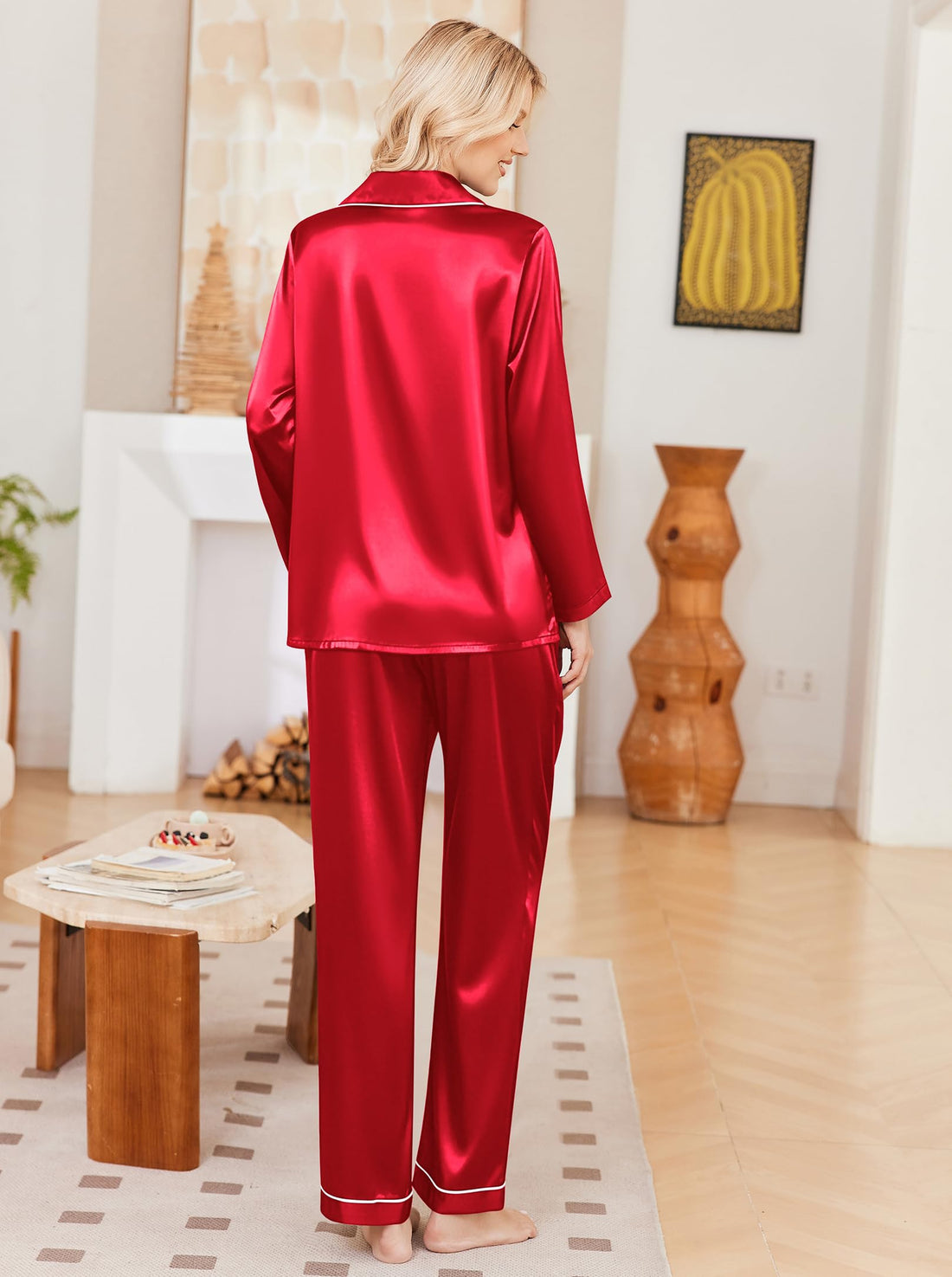 Ekouaer Womens Pajamas Silk Satin Long Sleeve Button Down Pjs Lounge Set