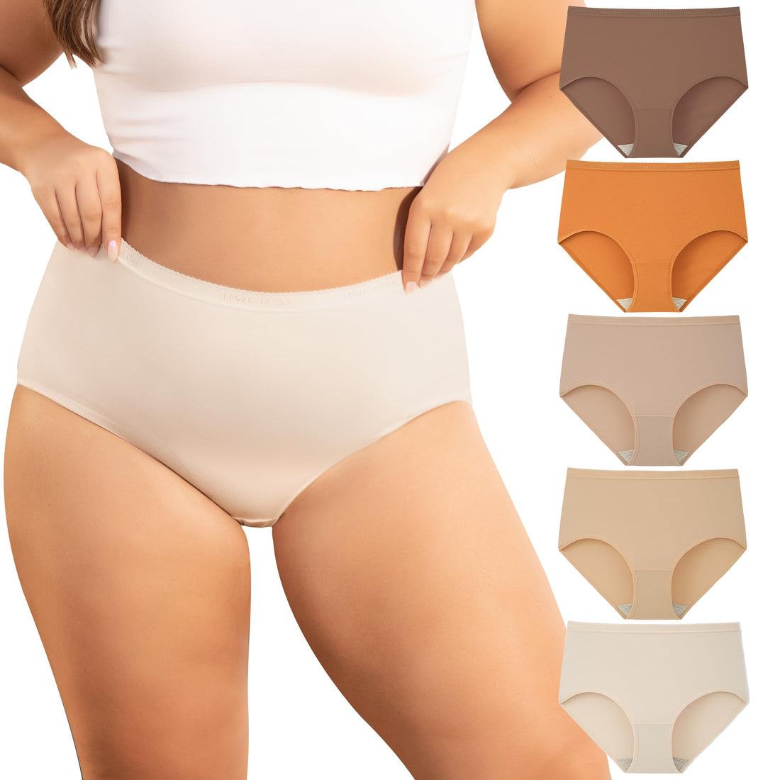INNERSY Plus Size XL-6XL Big Curvy Woman Cotton Underwear High Waist Briefs 5-Pack
