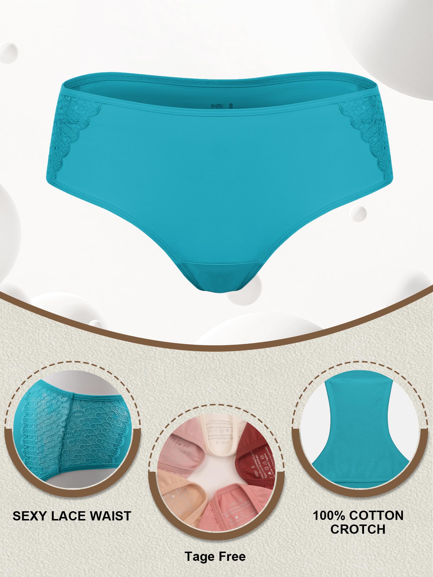 COLORFULLEAF Women's Cotton Hipster Panties Sexy Lace Underwear Pack Soft Moisture Wicking Bikini Briefs