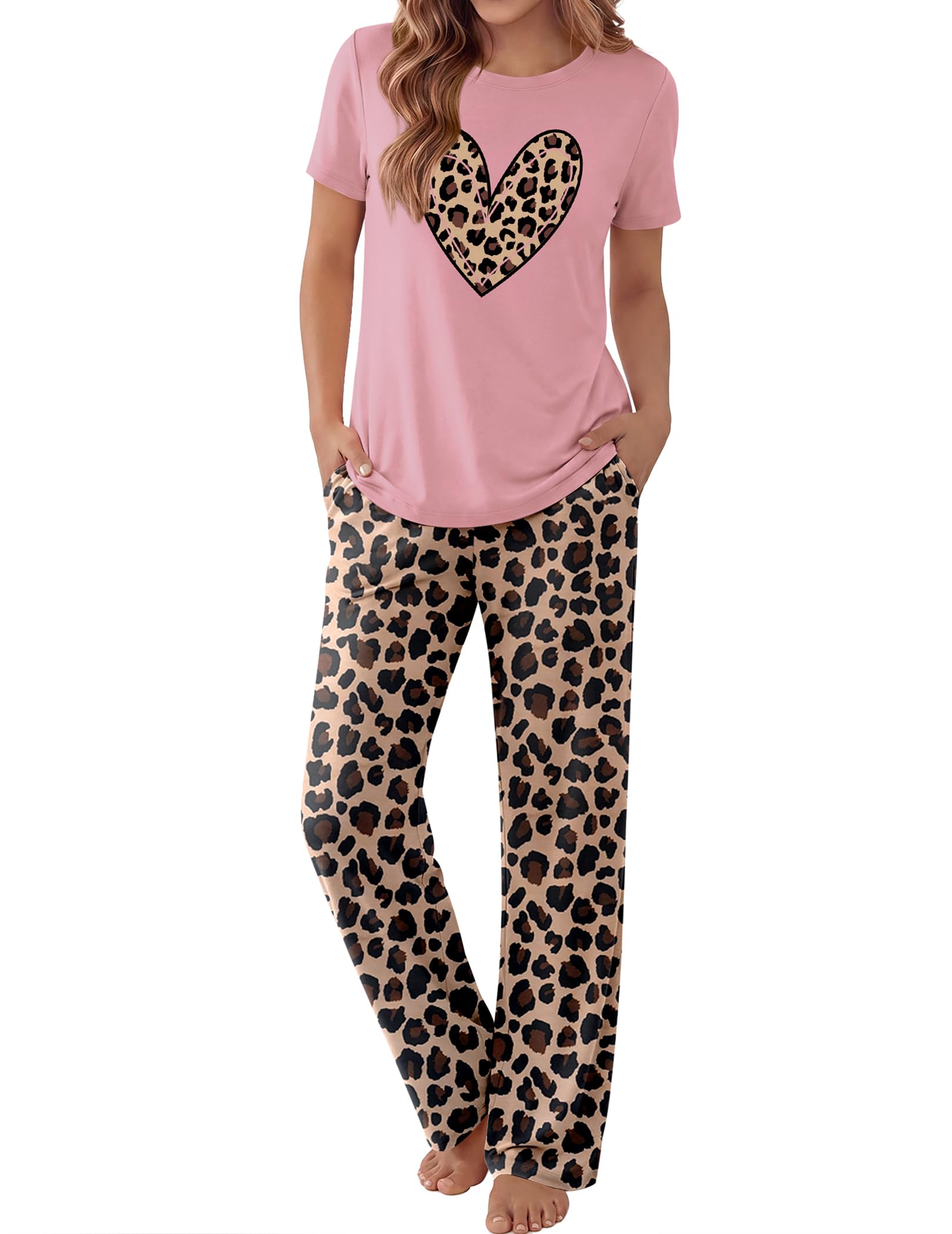 Ekouaer Pajama Set for Women 2 Piece Pjs Short Sleeve Top and Printed Pants