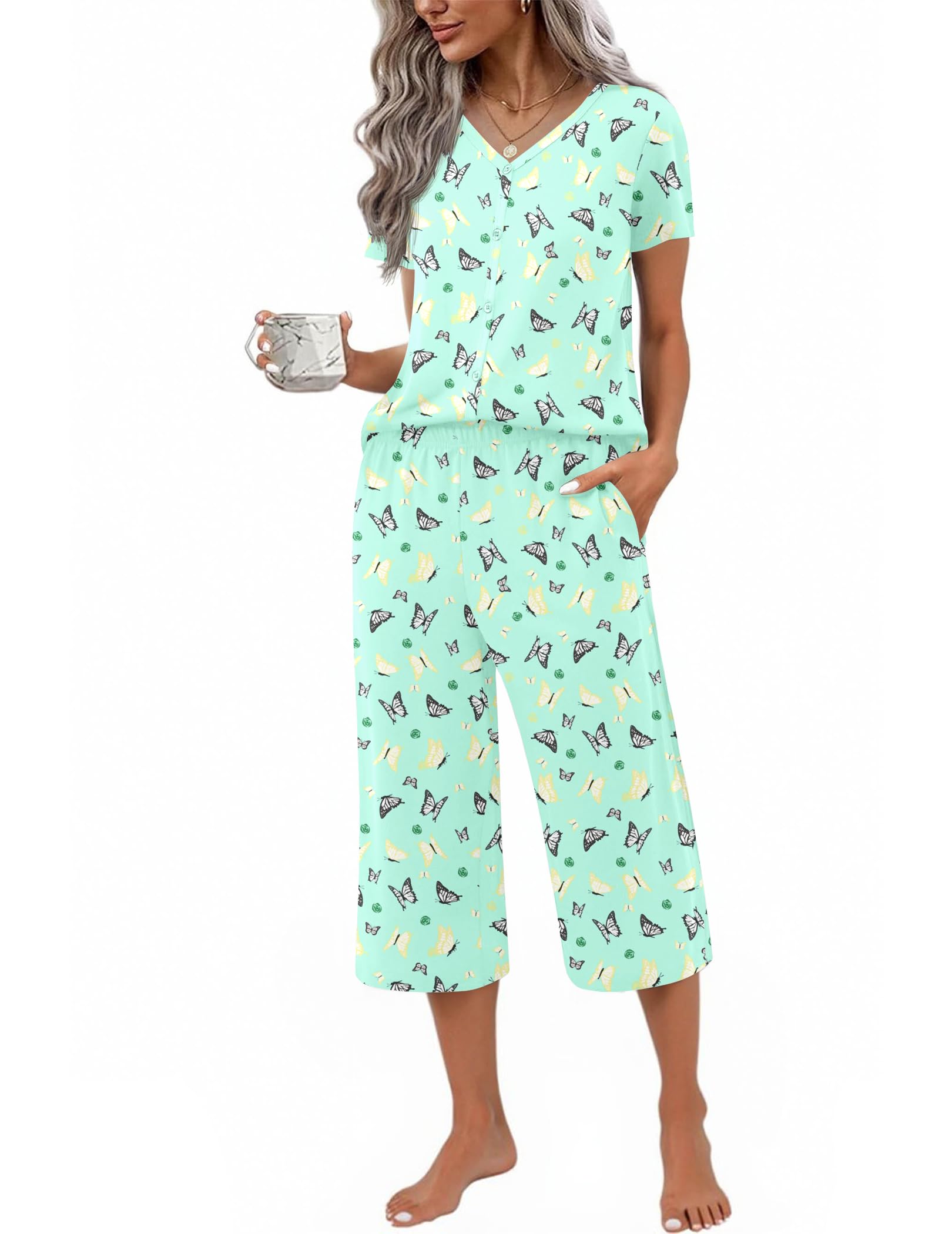 Ekouaer Women's Pajama Sets Short Sleeve Sleepwear Button Up Pj Loungewear Top and Capri Pants with Pockets