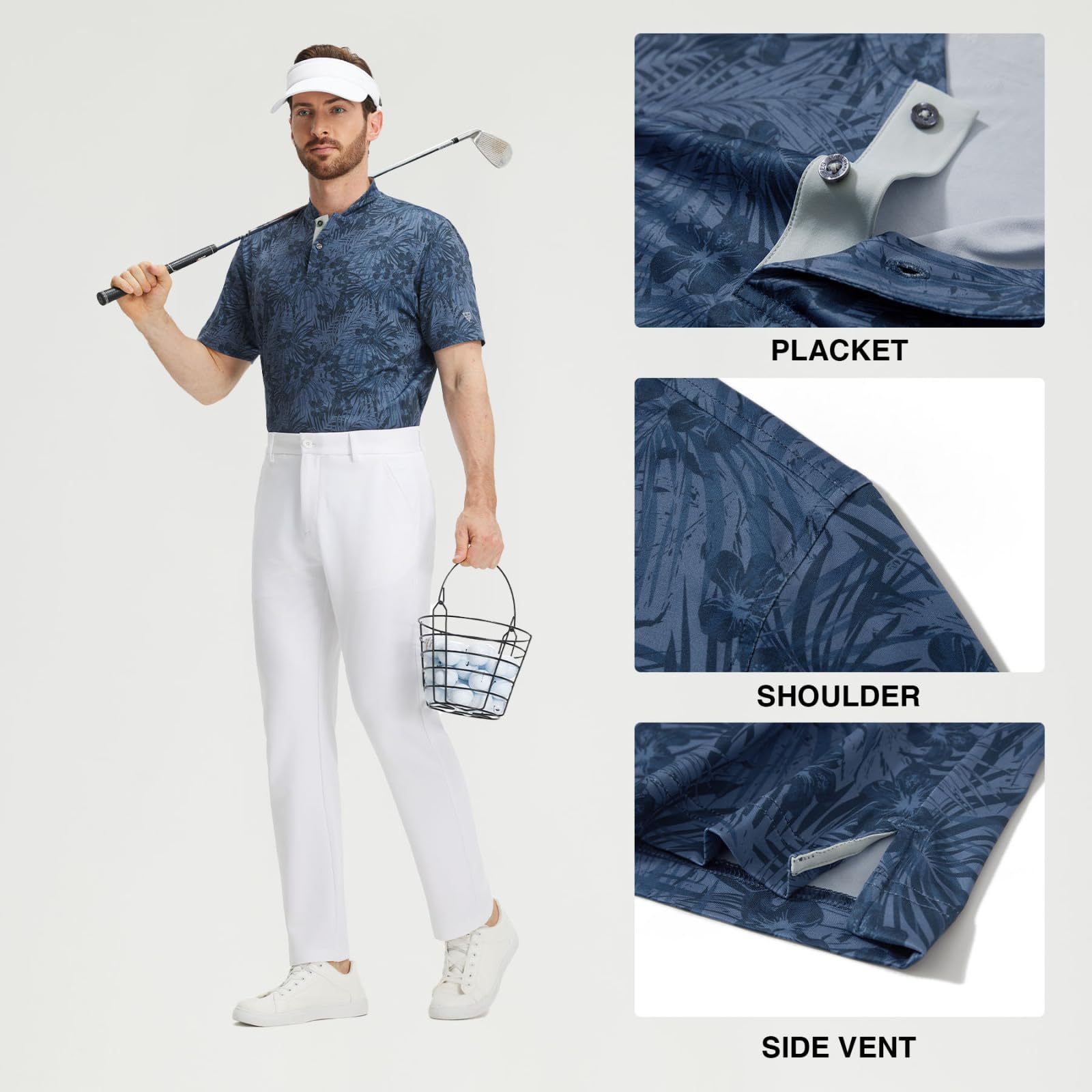 M MAELREG Golf Shirts for Men Collarless Performance Dry Fit Stretch Henley Casual Printed Mens Polo Shirts Short Sleeve