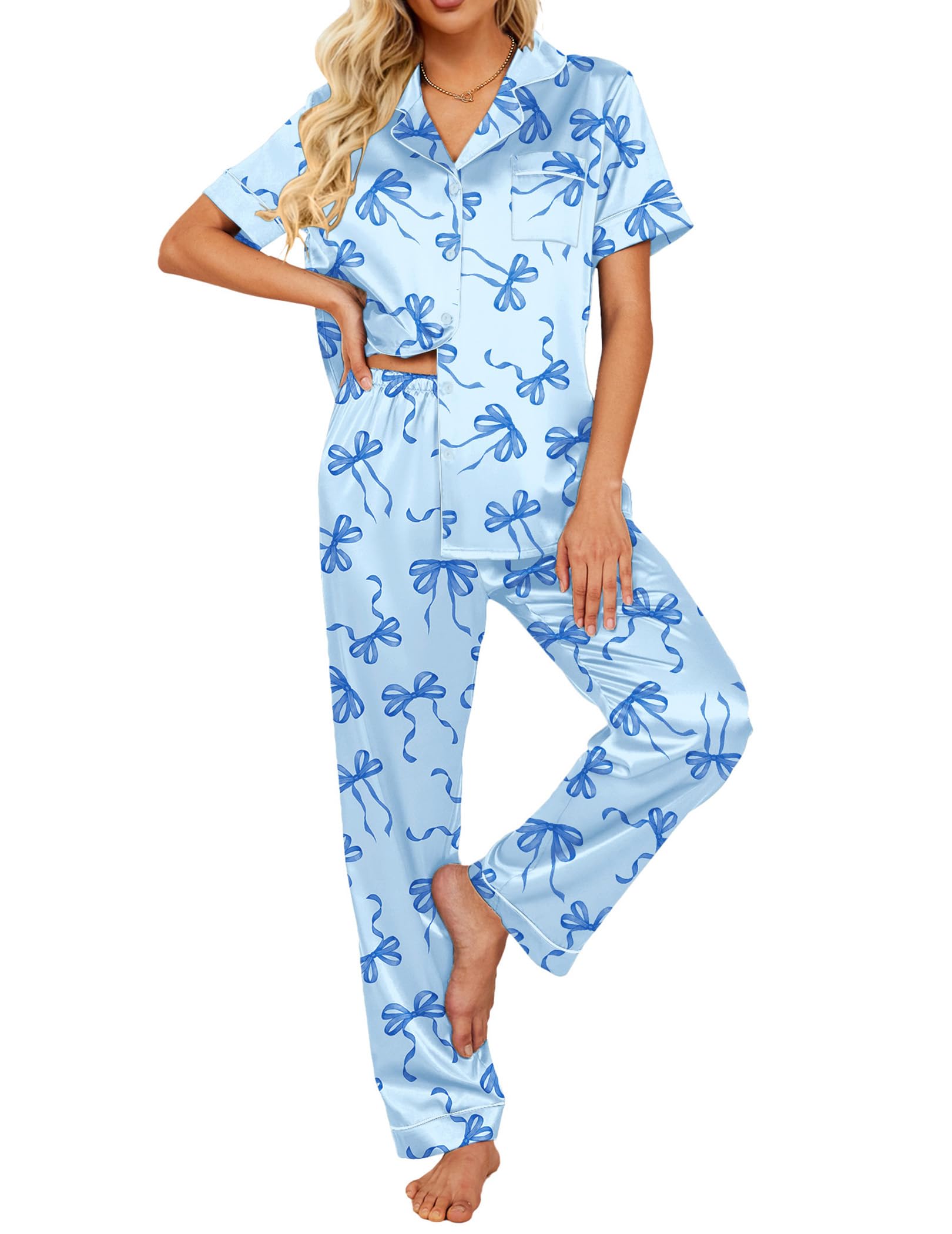 Ekouaer 2 Piece Satin Short Sleeve Pajamas Set Button Down Sleepwear