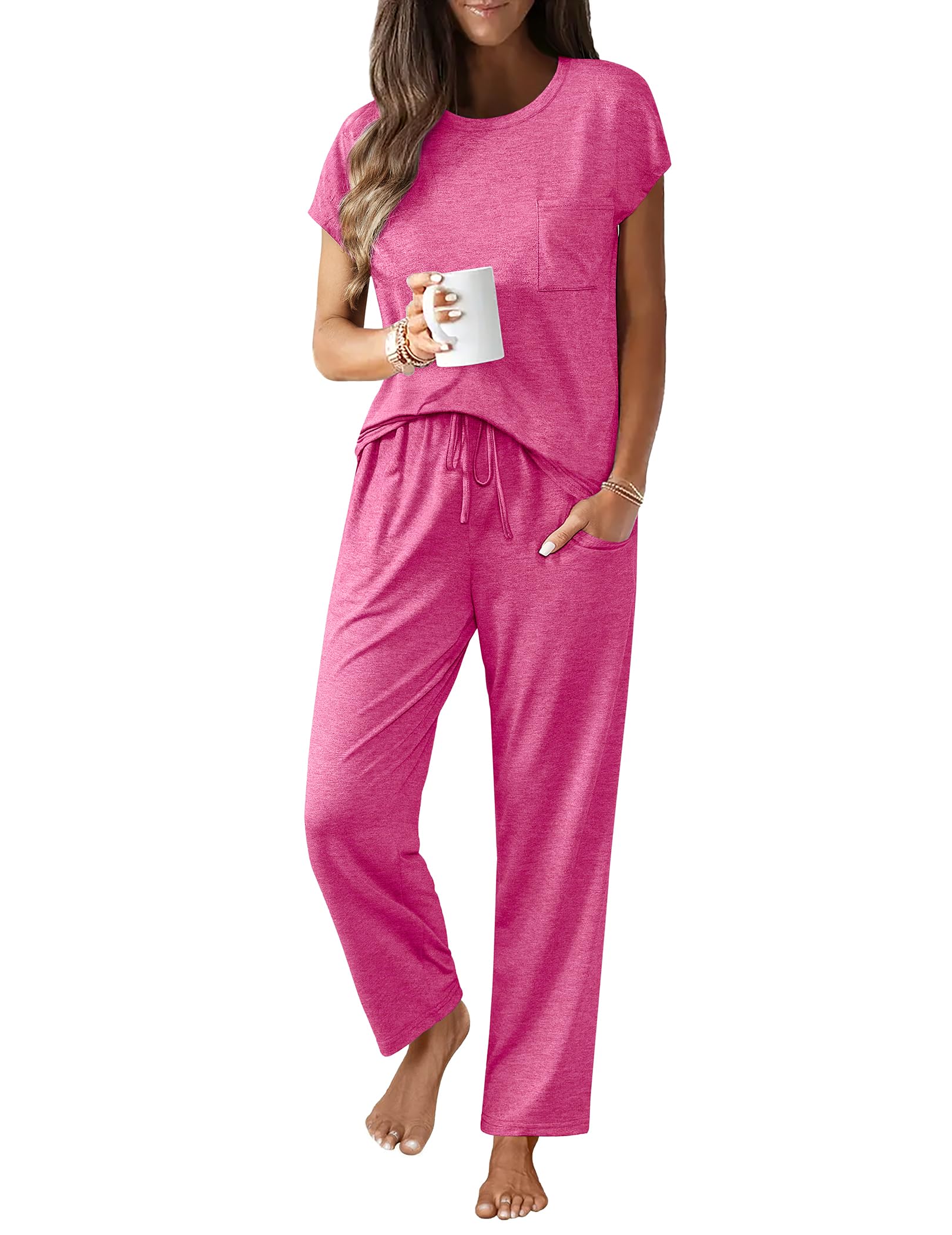 Ekouaer Womens Pajama Sets 2 Pcs Short Sleeve Lounge Set with Pockets