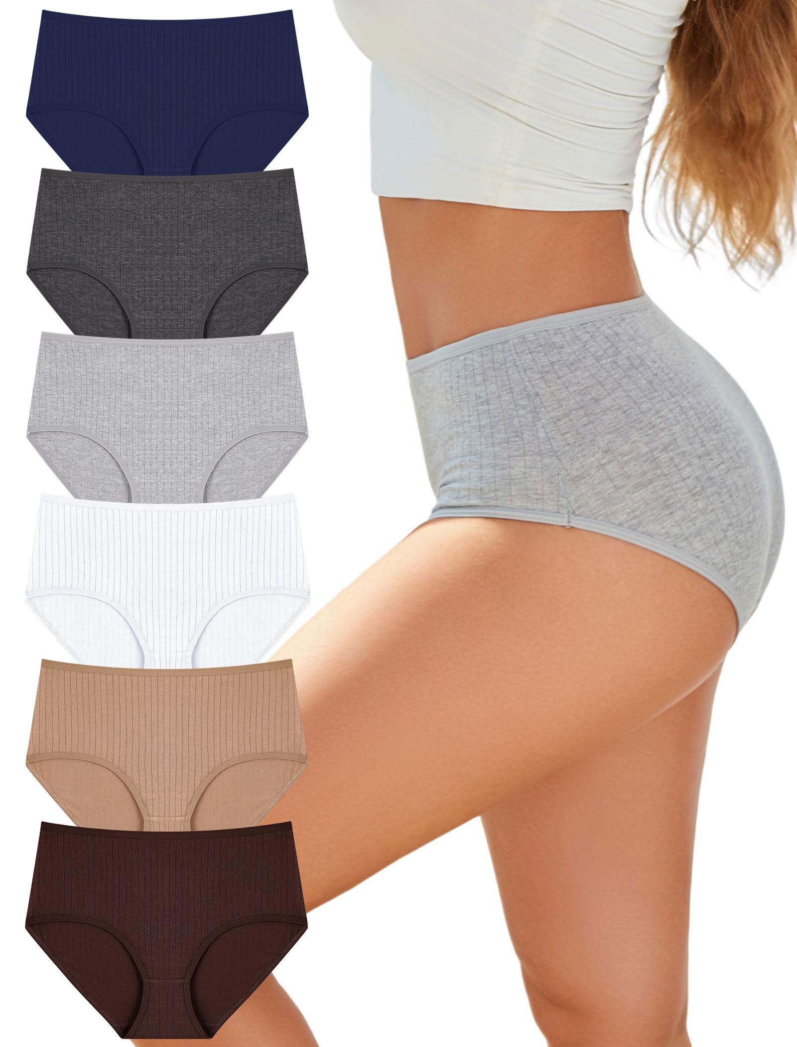 FINETOO Cotton Underwear Women High Waisted Ribbed Breathable Briefs 6 Pack