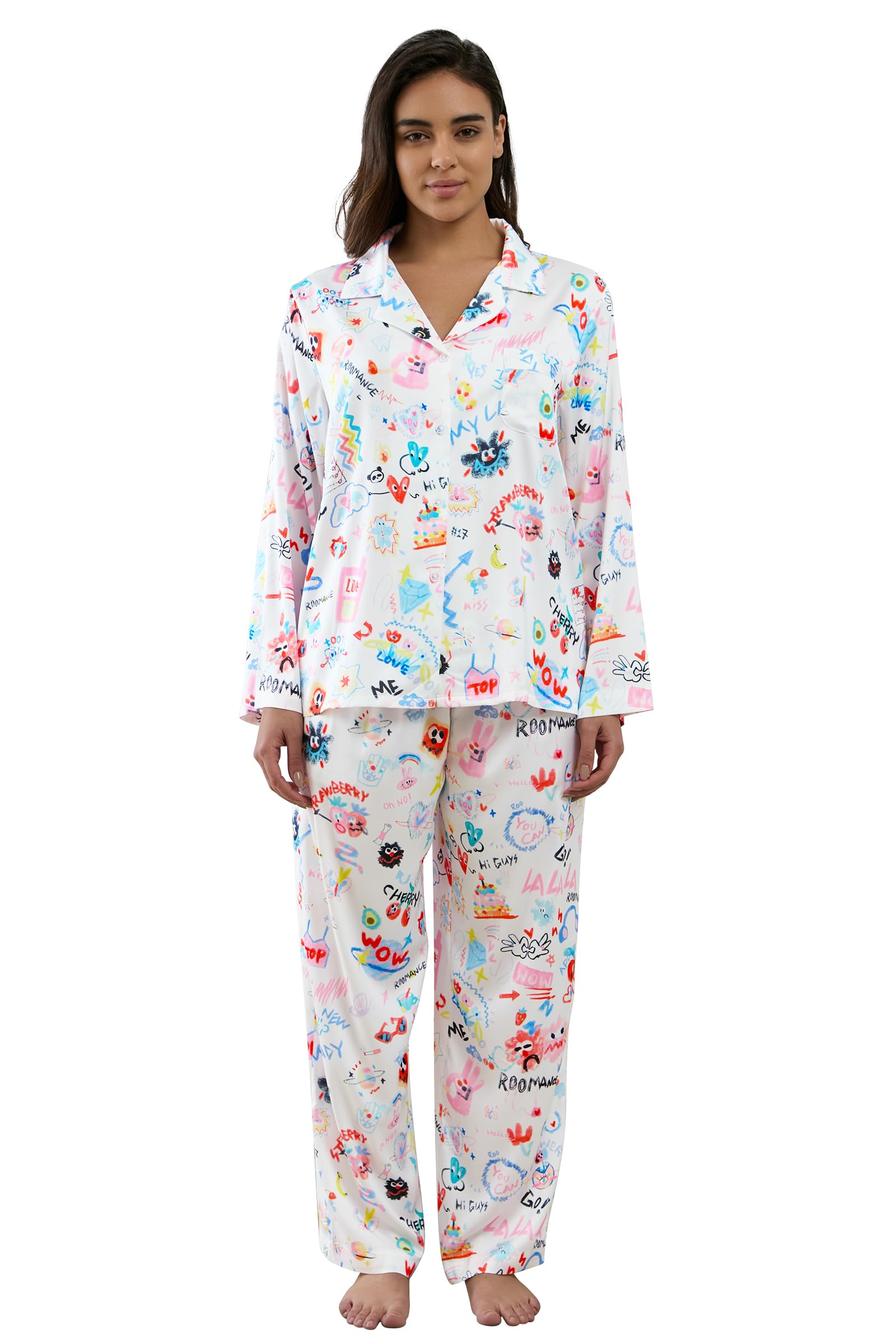 YiNi LuLu Womens Silk Satin Pajamas Set Button Down 2 Piece Pjs Long Sleeve Oversized Sleepwear with Pockets
