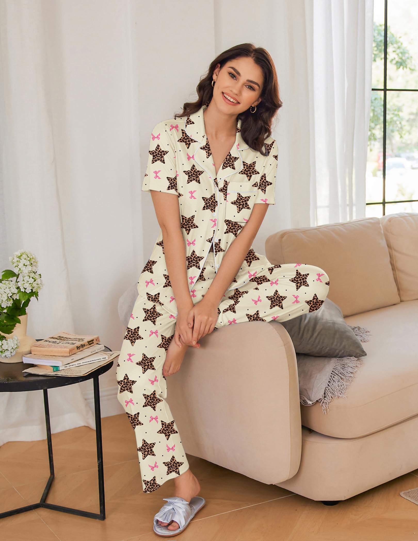 Ekouaer 2 Pack Womens Pajamas Sets Short Sleeve Pjs Button Up Sleepwear Set