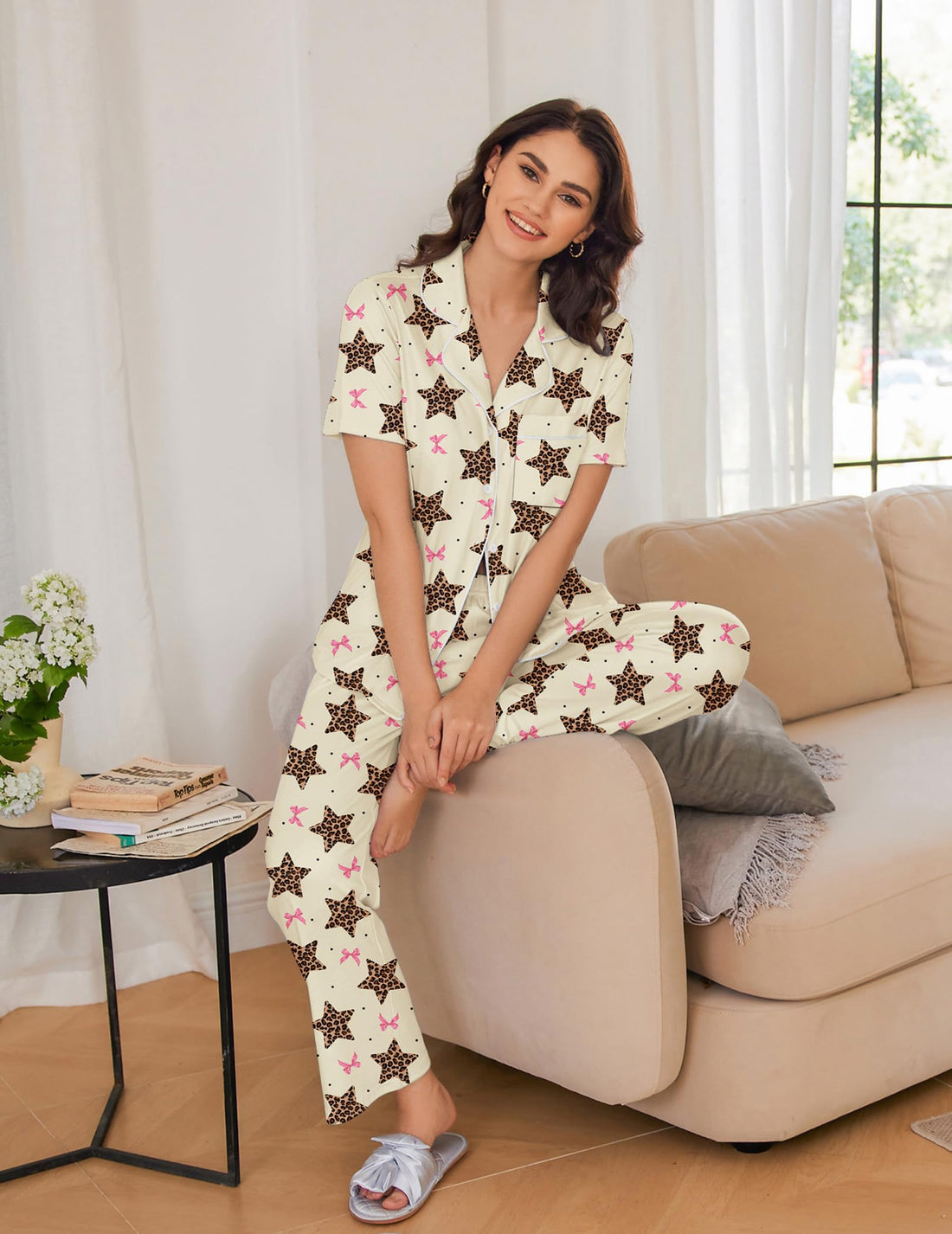 Ekouaer 2 Pack Womens Pajamas Sets Short Sleeve Pjs Button Up Sleepwear Set