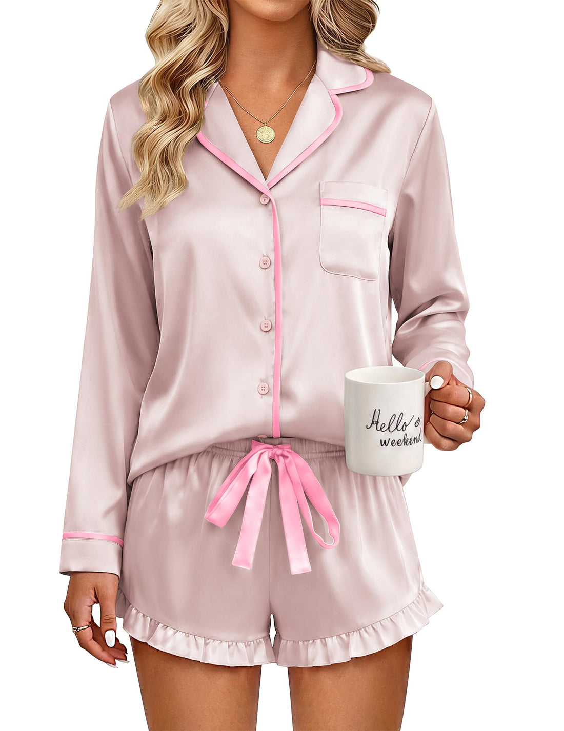 Ekouaer Womens Satin Pajamas Set 2 Piece Long Sleeve and Ruffle Shorts