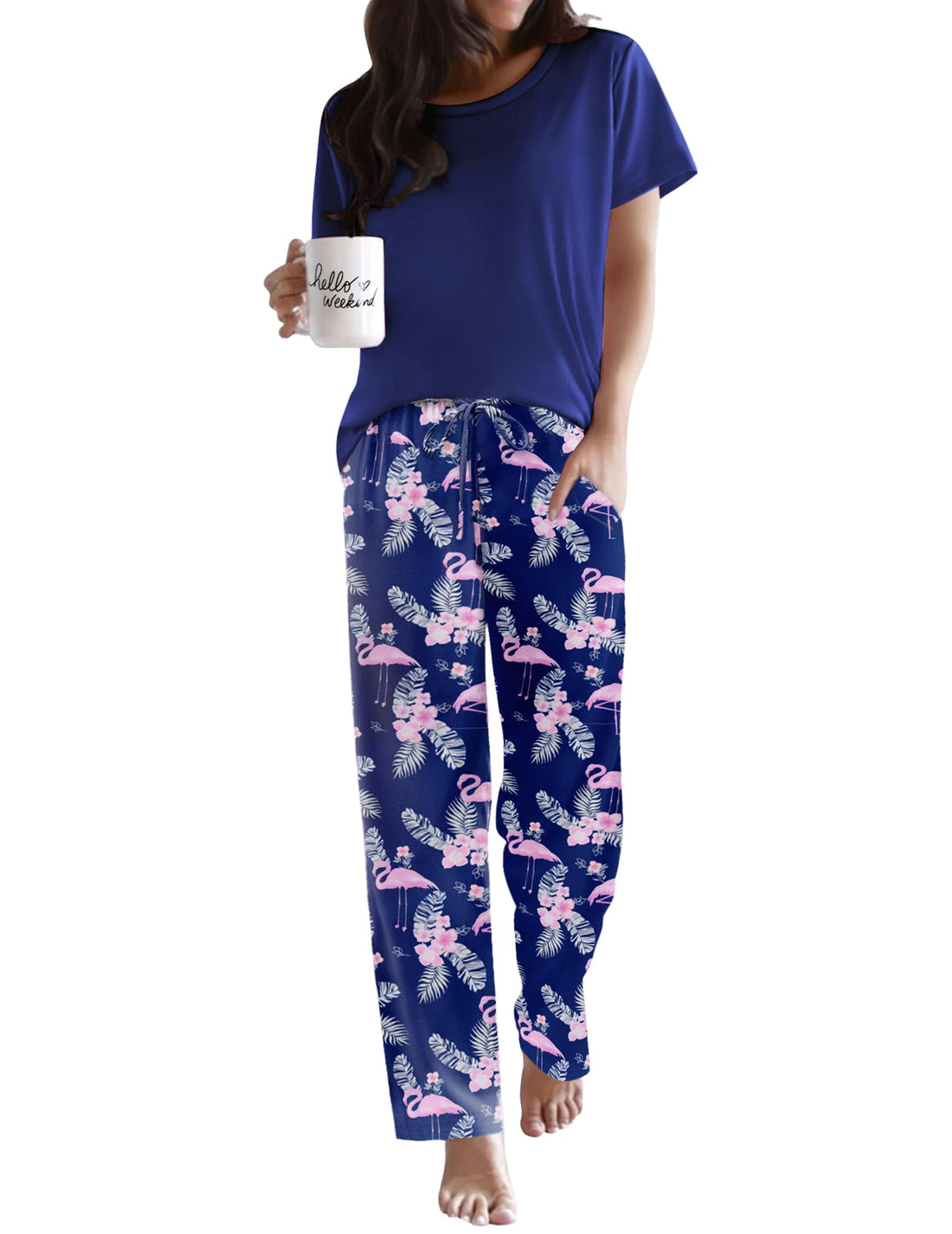 Ekouaer Womens Pajamas Sets Round Neck Pjs Loose Lounge Sets Sleepwear