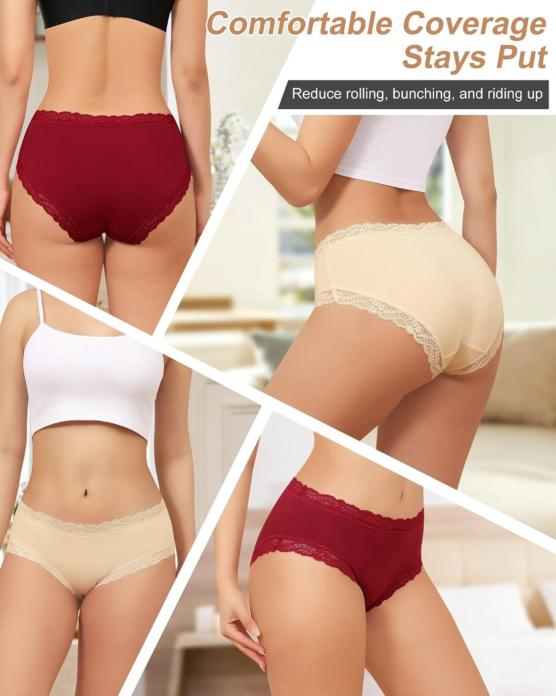 LEVAO Women's Cotton Brief Panties Soft Breathable Lace Trim 5 Pack