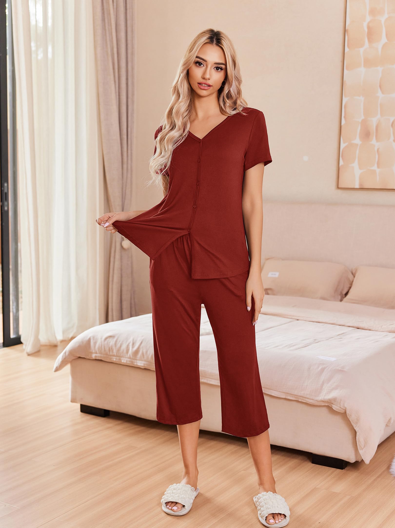 Ekouaer Women's Pajama Sets Short Sleeve Sleepwear Button Up Pj Loungewear Top and Capri Pants with Pockets