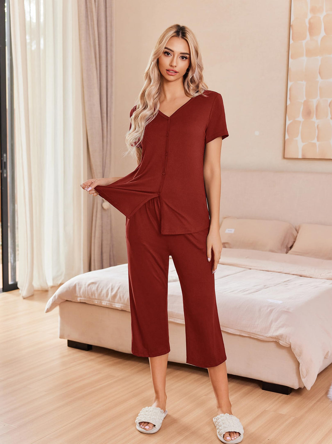 Ekouaer Women's Pajama Sets Short Sleeve Sleepwear Button Up Pj Loungewear Top and Capri Pants with Pockets