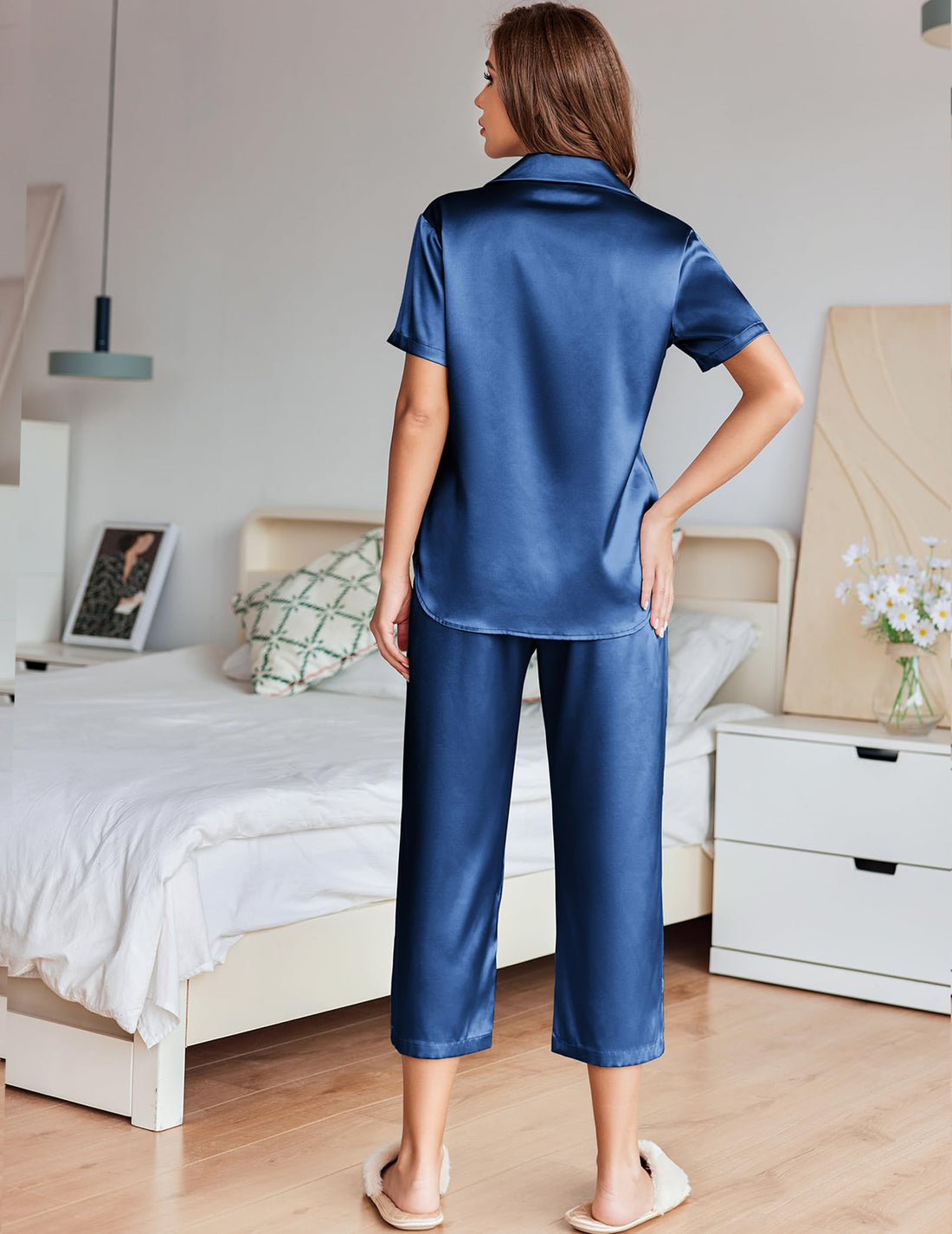 Ekouaer Womens Satin Silky Capri Pajamas Short Sleeve Button Down Sleepwear