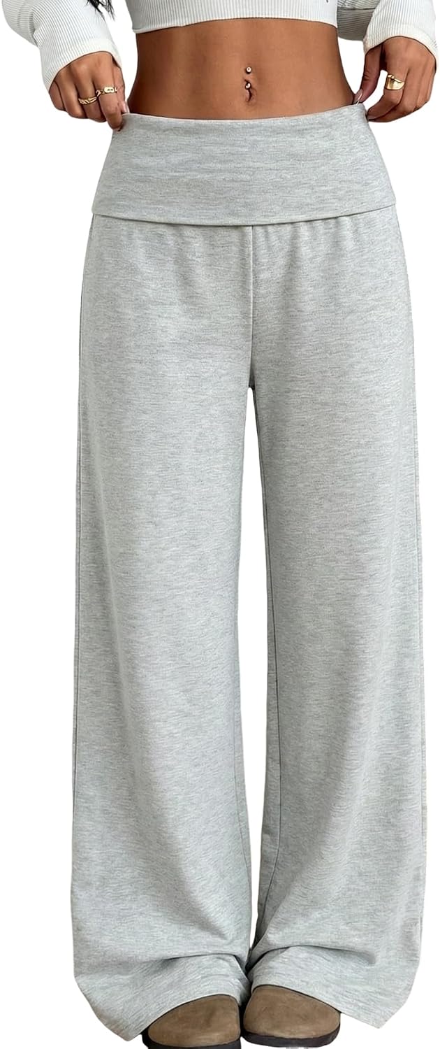 ZAFUL Women's Striped Pants Fold Waist Wide Leg Pants Lounge Pajama Pants