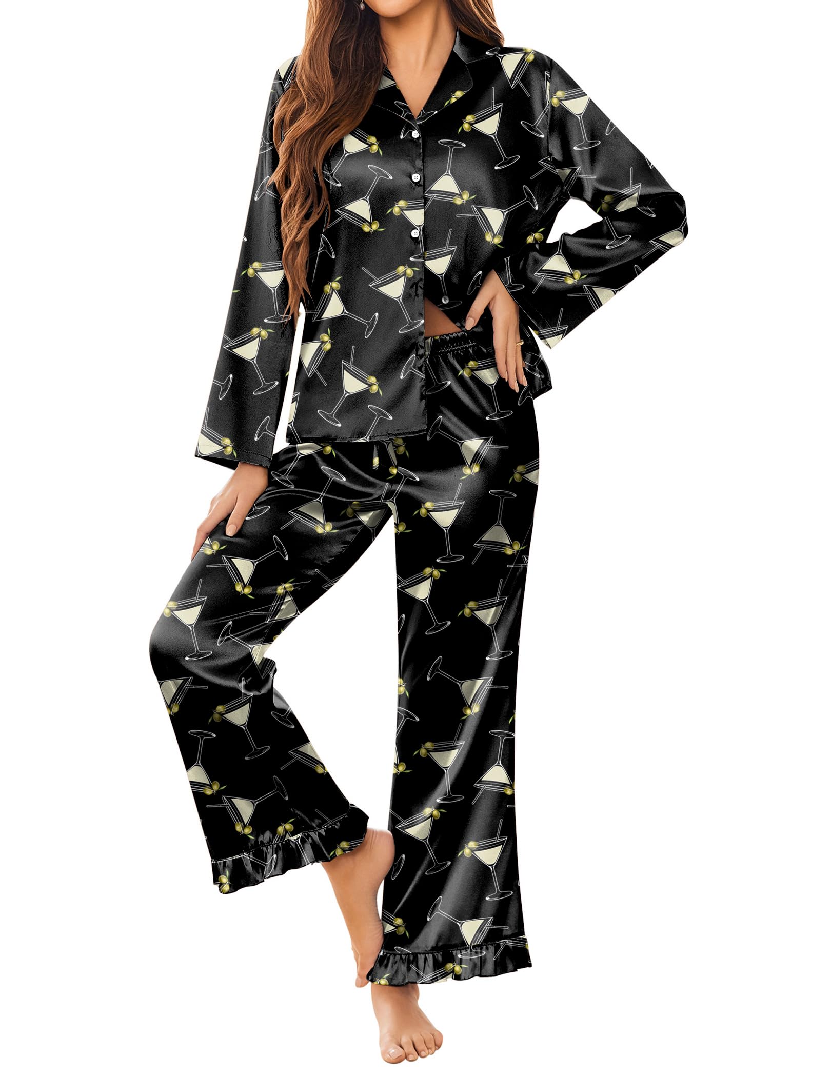 Ekouaer Satin Pajama Set for Women Long Button Down Silk Pj with Ruffle