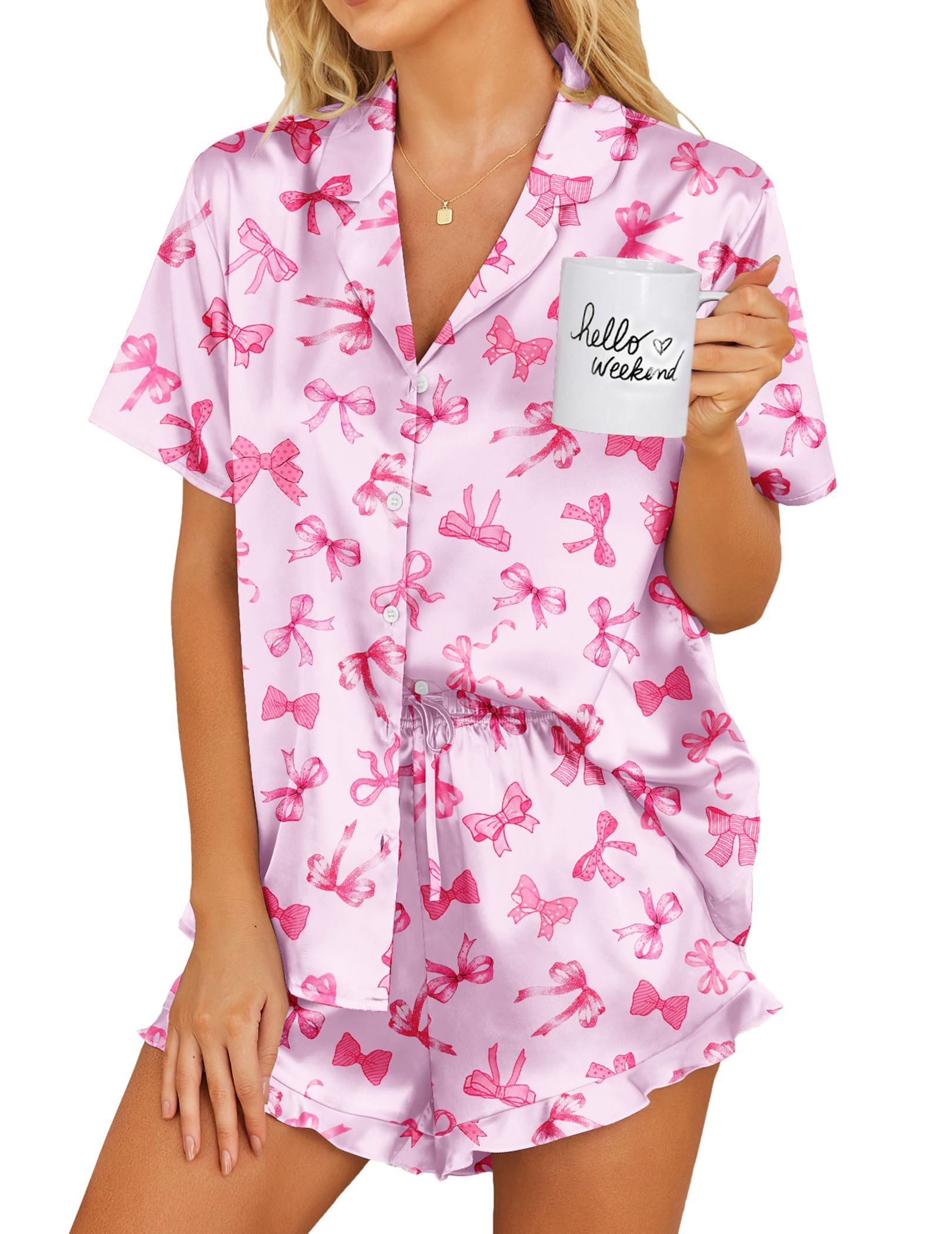 Ekouaer Womens Satin Pajamas Set Button Down 2 Piece Silk Pjs Shorts Set Ruffle Lingerie Notch Collar Sleepwear