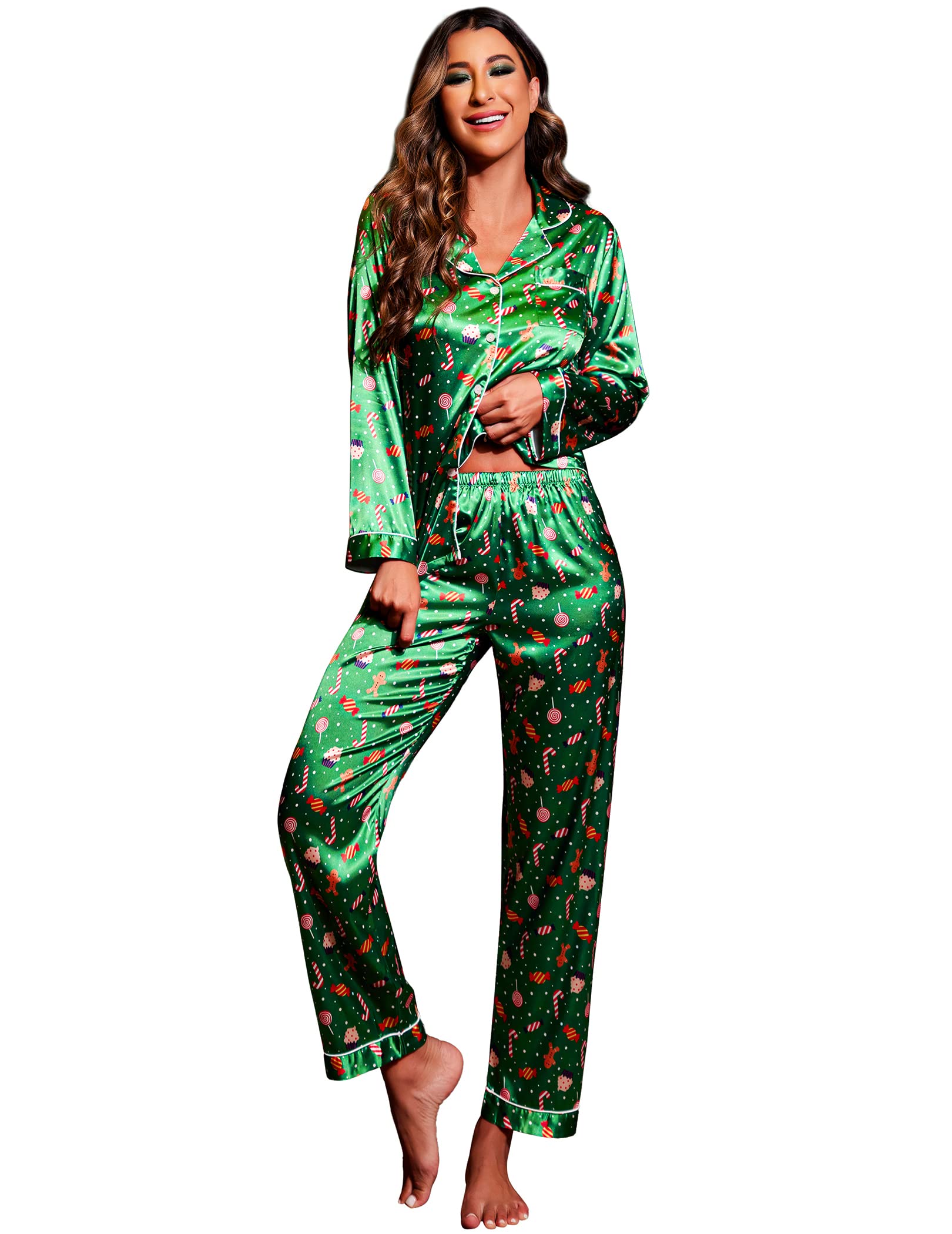 Ekouaer Women's Classic Button Down Long Satin Silk Pajama Set