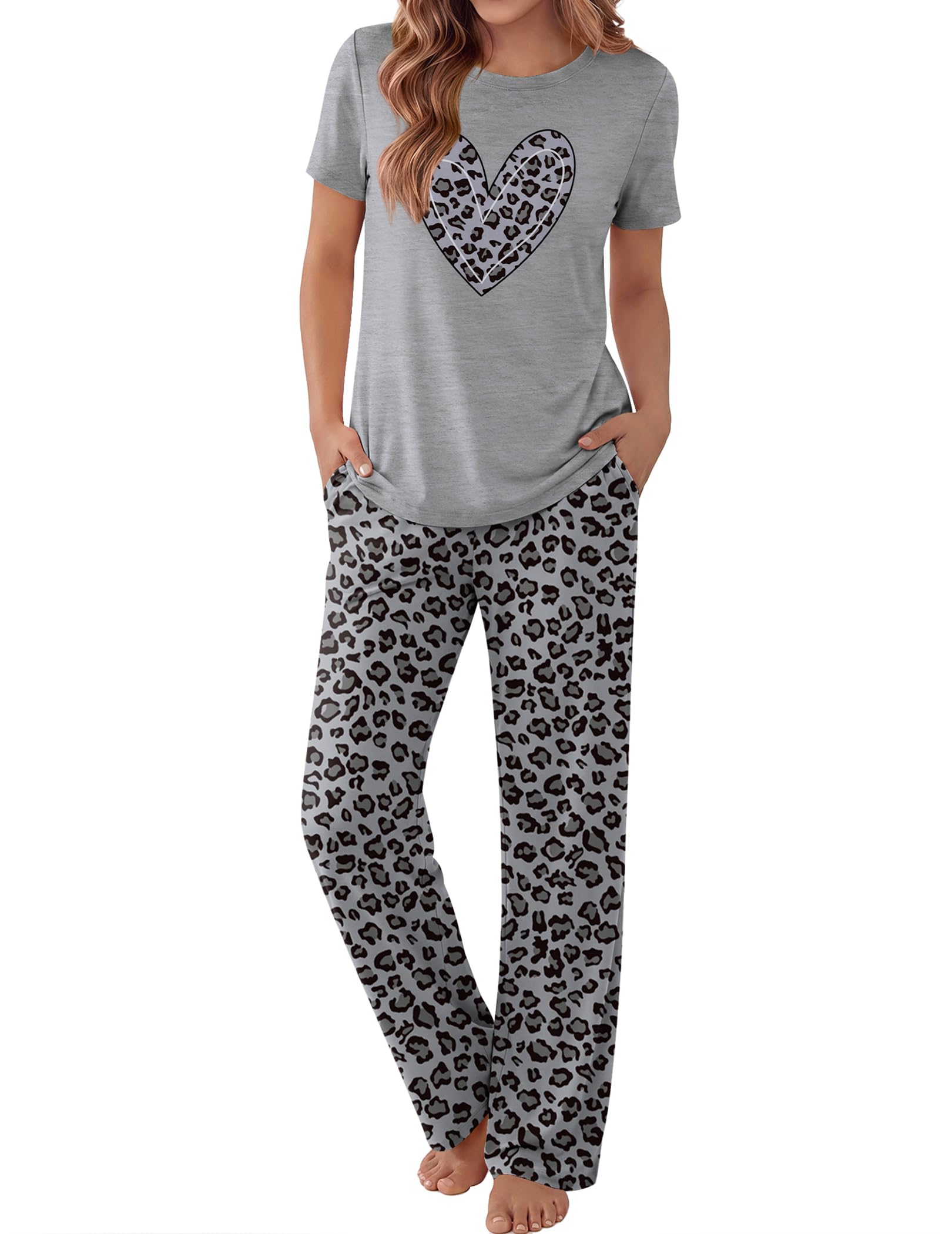 Ekouaer Pajama Set for Women 2 Piece Pjs Short Sleeve Top and Printed Pants