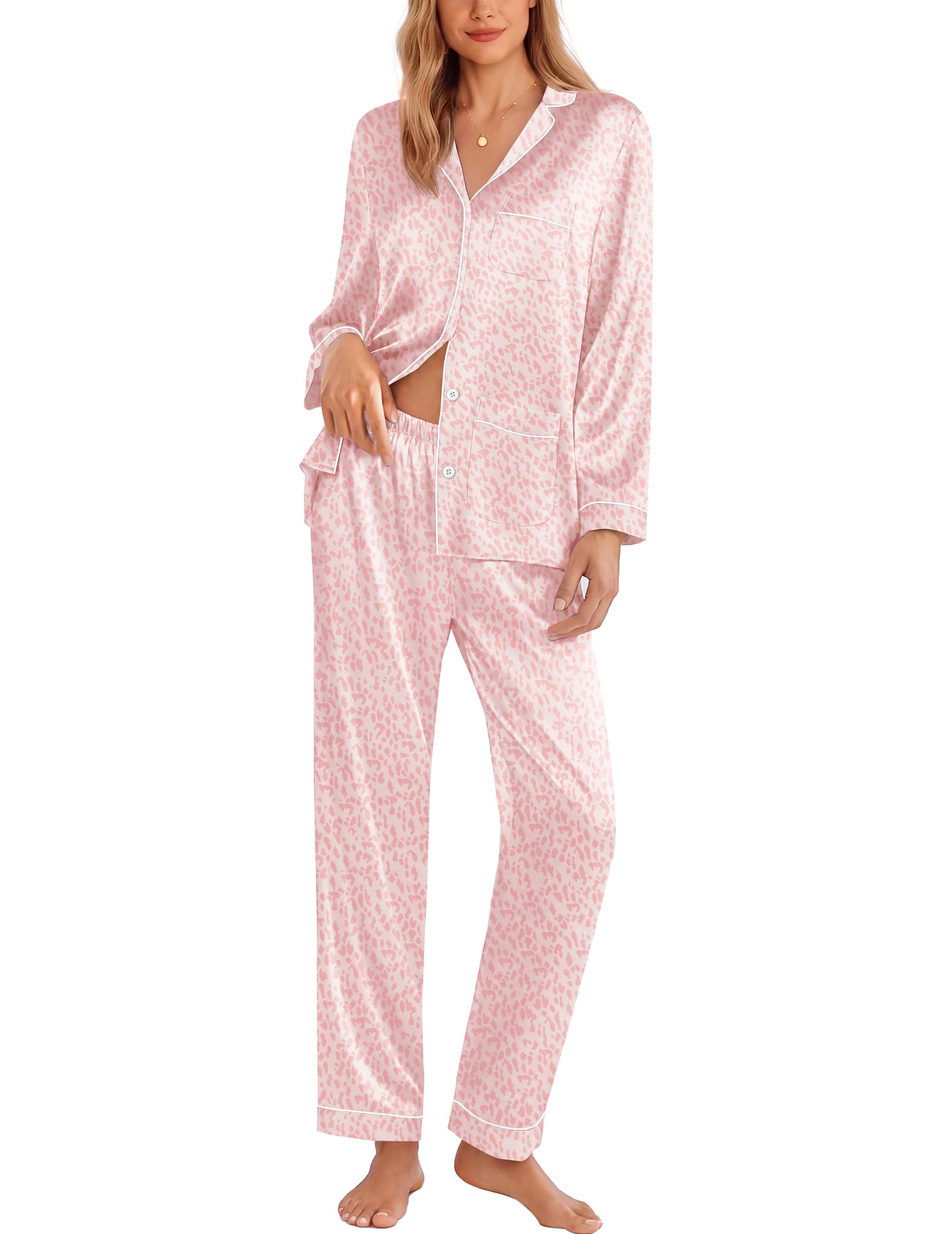 Ekouaer Pajamas for Women Silk Satin Button Down Long Sleeve Pajama Sets