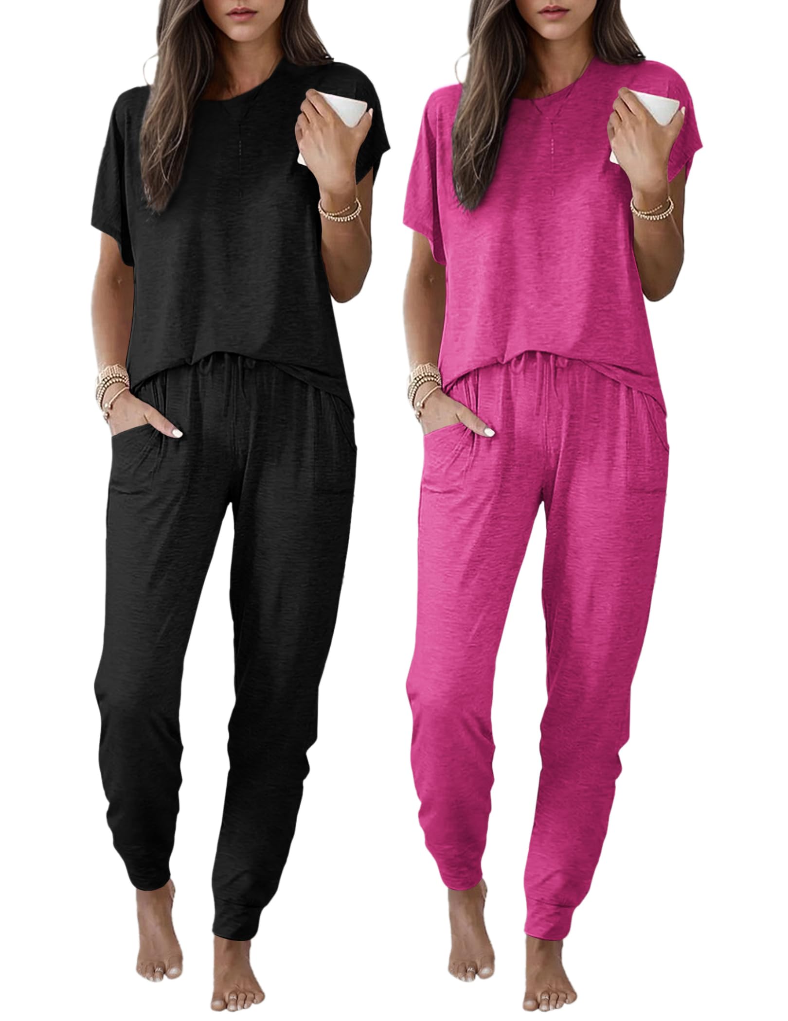 Ekouaer 2 Pack Womens Pajama Short Sleeve Jogger Pants Pjs Lounge Set