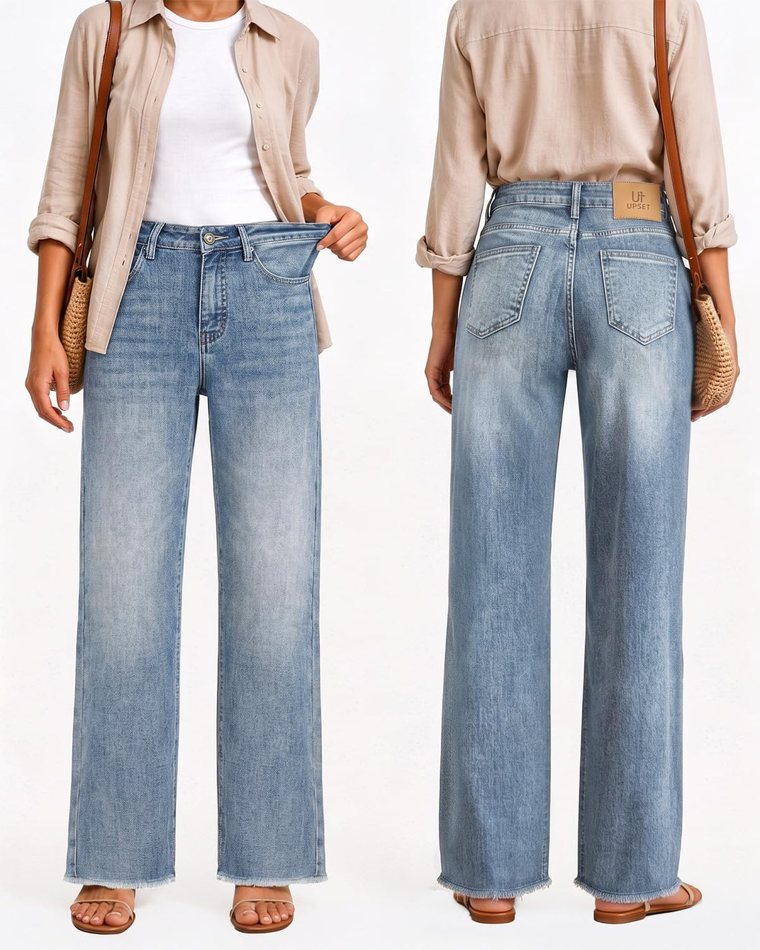 Womens High Waisted Jeans Stretchy Straight Leg Loose Fit Tummy Control Raw Hem Denim Pants Trendy Fashion