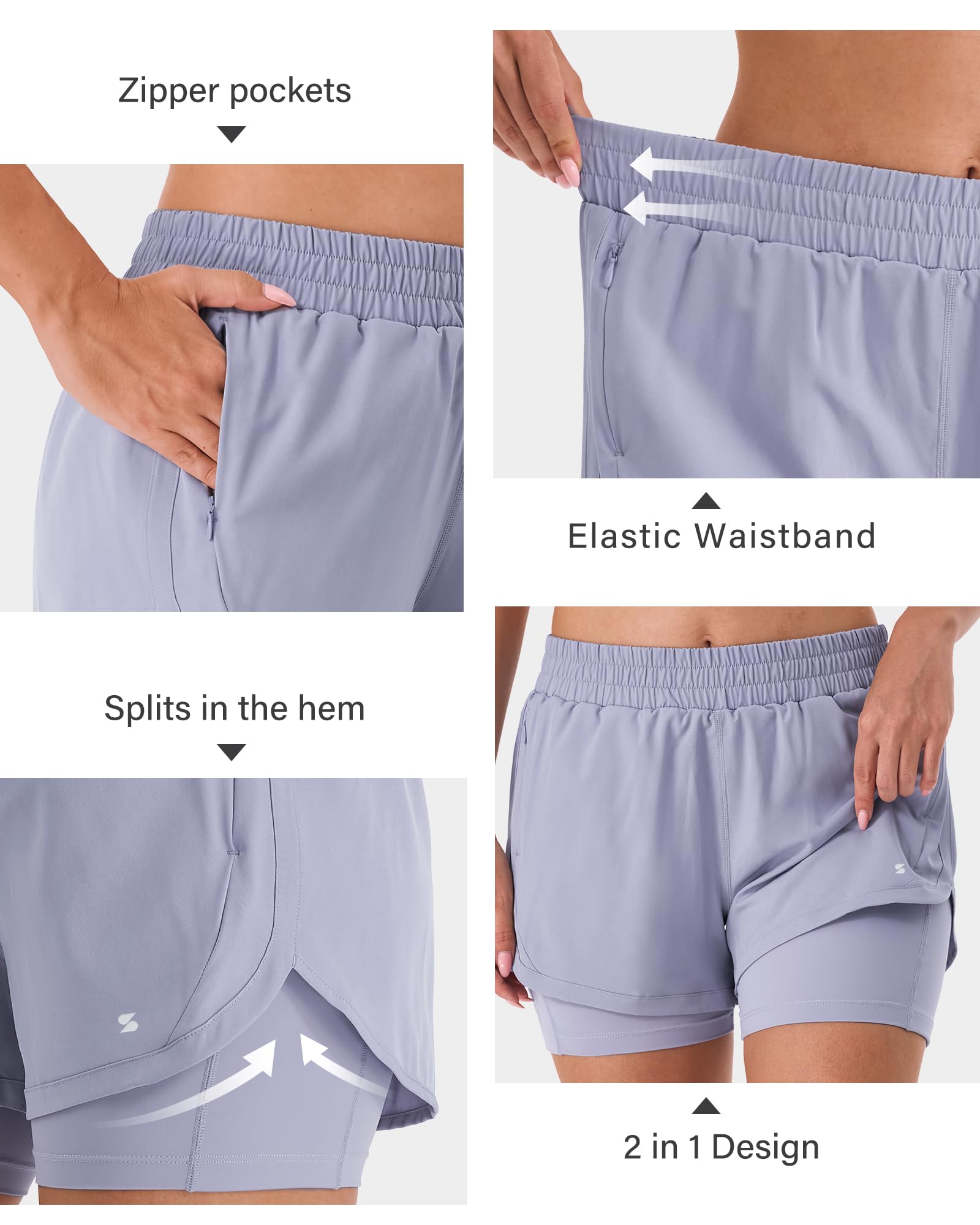 Stelle Women 2 in 1 Running Shorts High Waisted Athletic Shorts Gym Workout Shorts with Liner Zipper Pockets
