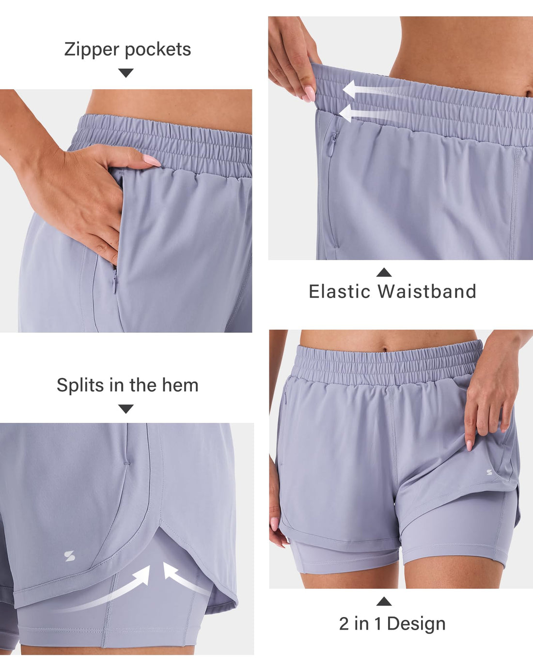 Stelle Women 2 in 1 Running Shorts High Waisted Athletic Shorts Gym Workout Shorts with Liner Zipper Pockets