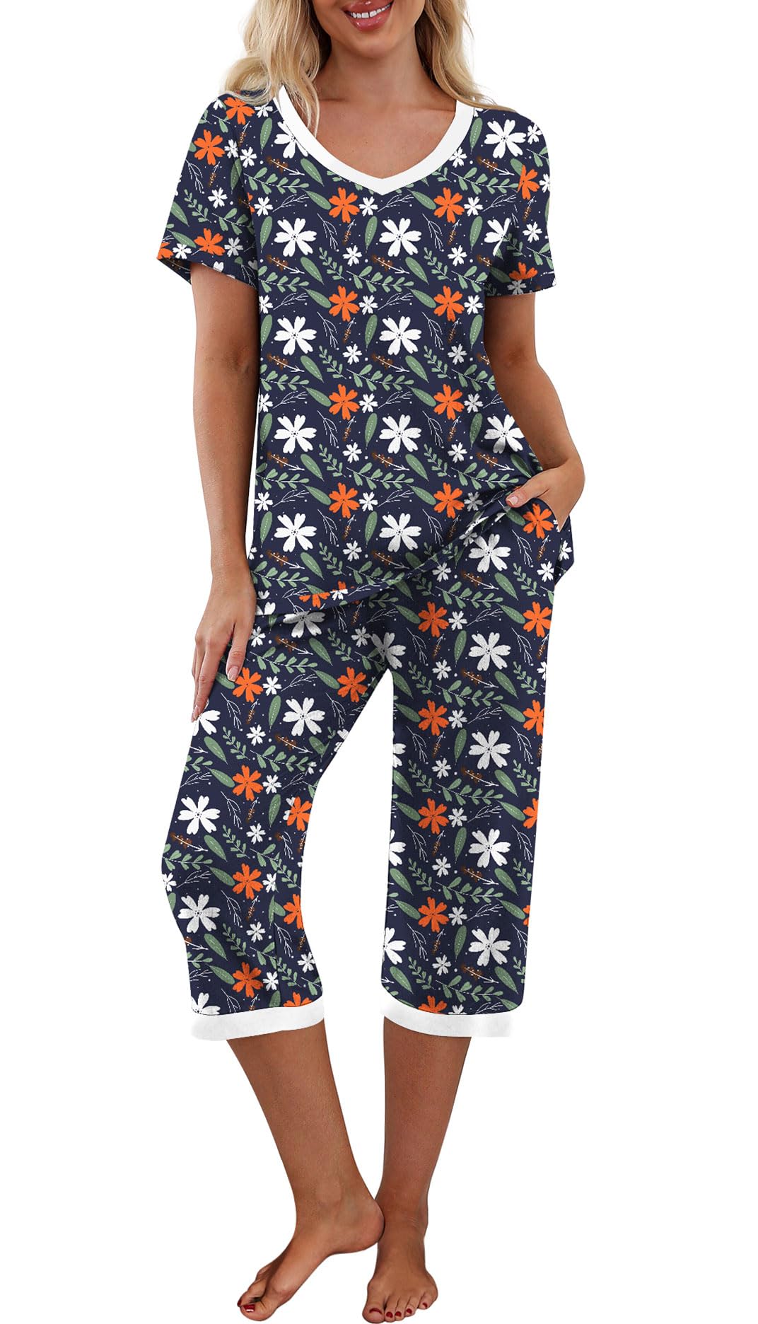PrinStory Womens Pajama Sets Capri Pjs Soft Lounge Sets S-4XL