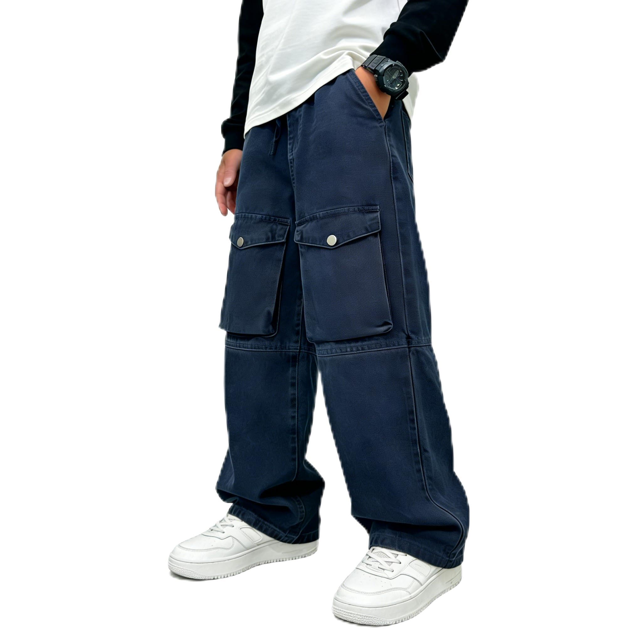 Baggy Jeans for Boys Cargo Jeans, Mid Rise Elastic Waist Multi-Pockets Denim Pants School Streetwear Size 8-12