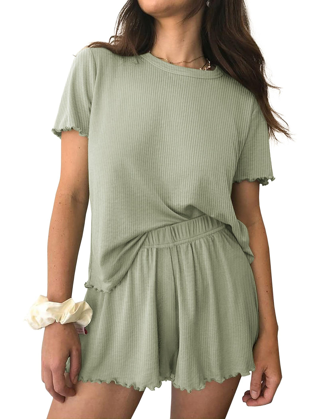 Ekouaer Womens Pajamas 2 Piece Ribbed Knit Pjs Short Sleeve Lounge Sets