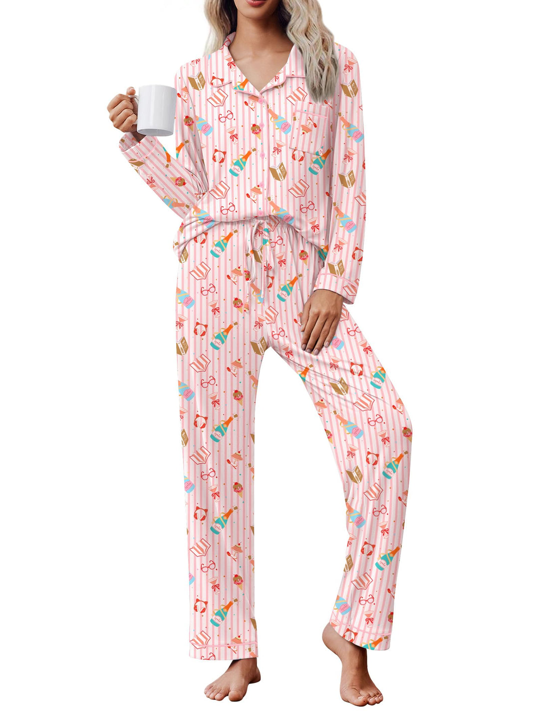 Ekouaer Women's Pajama Set Long Sleeve Lounge Set Soft Button Down Pjs