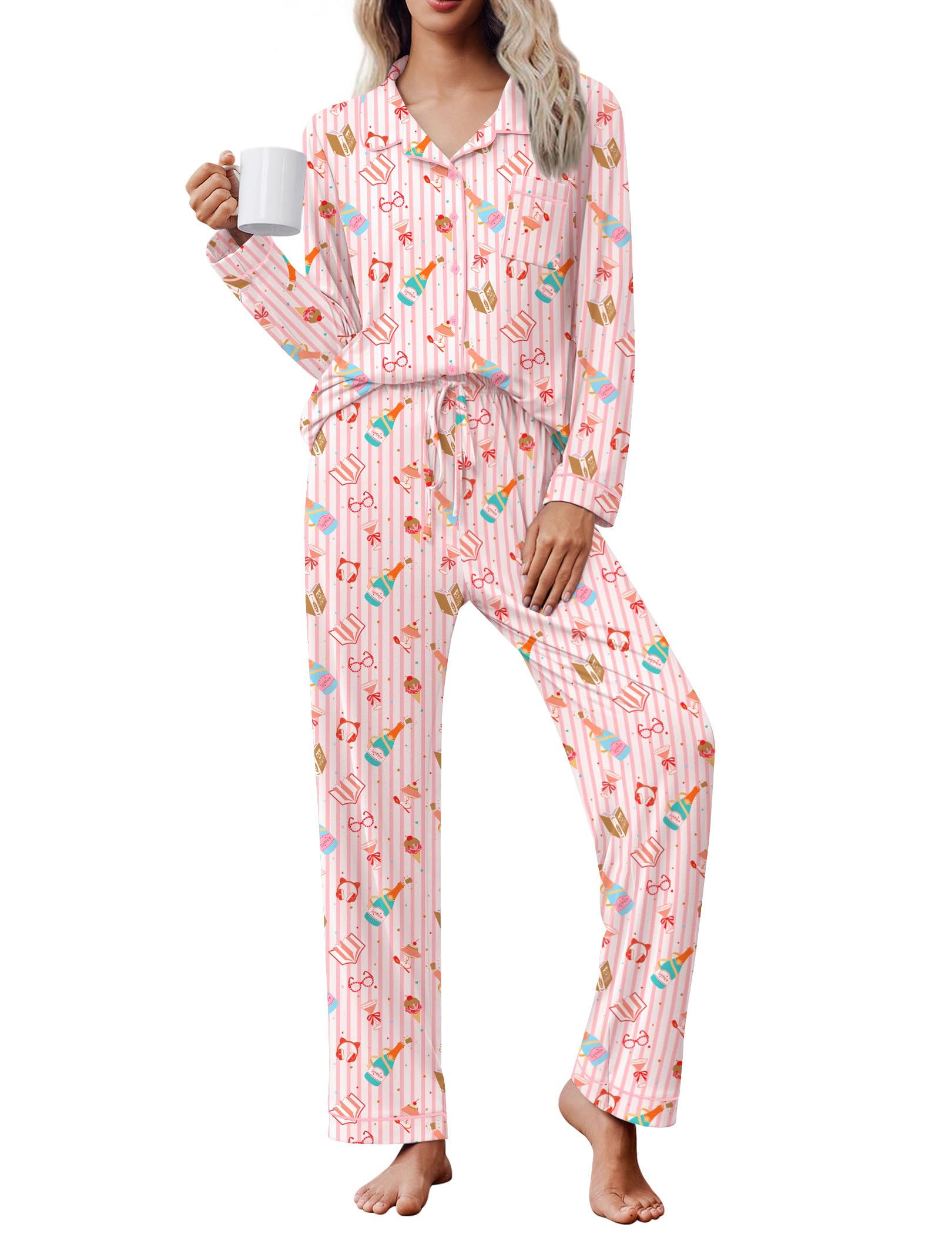 Ekouaer Women's Pajama Set Long Sleeve Lounge Set Soft Button Down Pjs