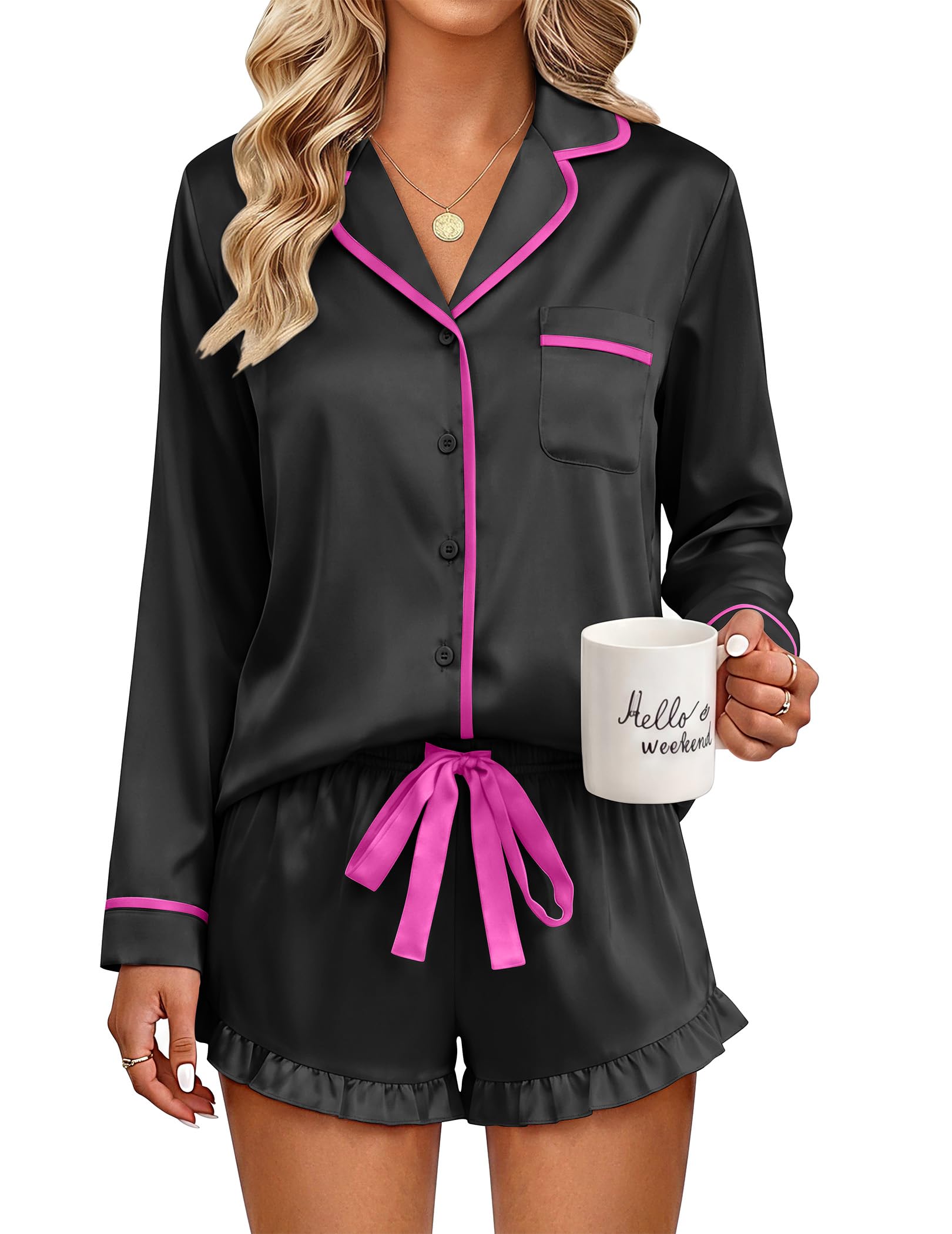 Ekouaer Womens Satin Pajamas Set 2 Piece Long Sleeve and Ruffle Shorts