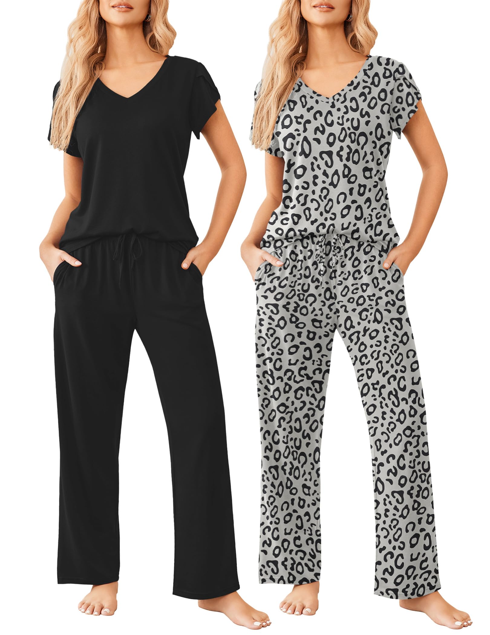 Ekouaer 2 Pack Womens Pajama Set Short Sleeve Sleepwear Soft Pjs Lounge Set