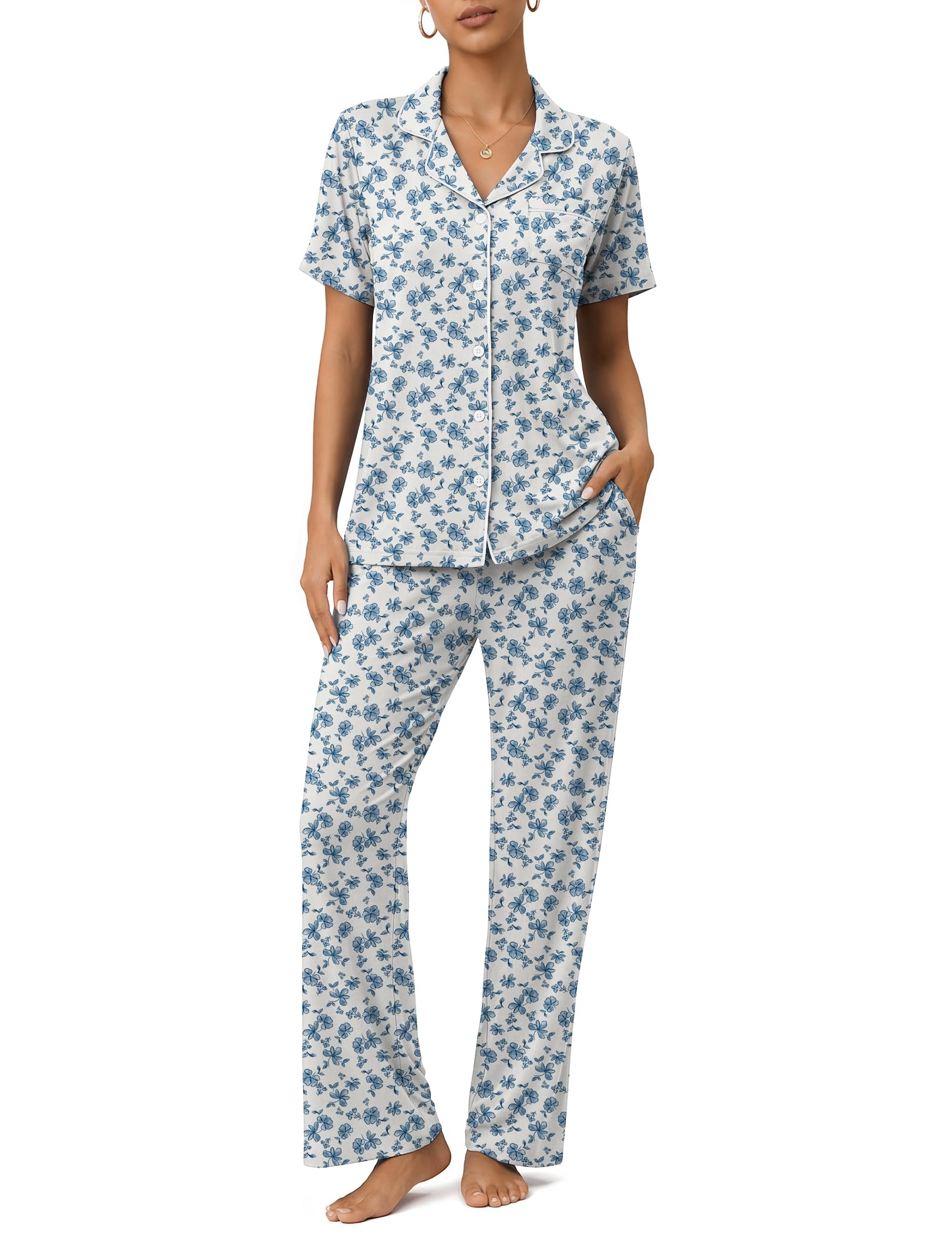 Womens Pajamas Sets 2 Piece Button Up Pj Sets Short Sleeve with Long Pant