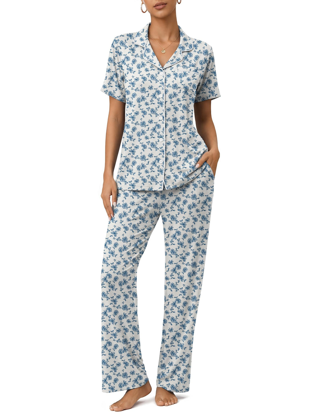 Womens Pajamas Sets 2 Piece Button Up Pj Sets Short Sleeve with Long Pant