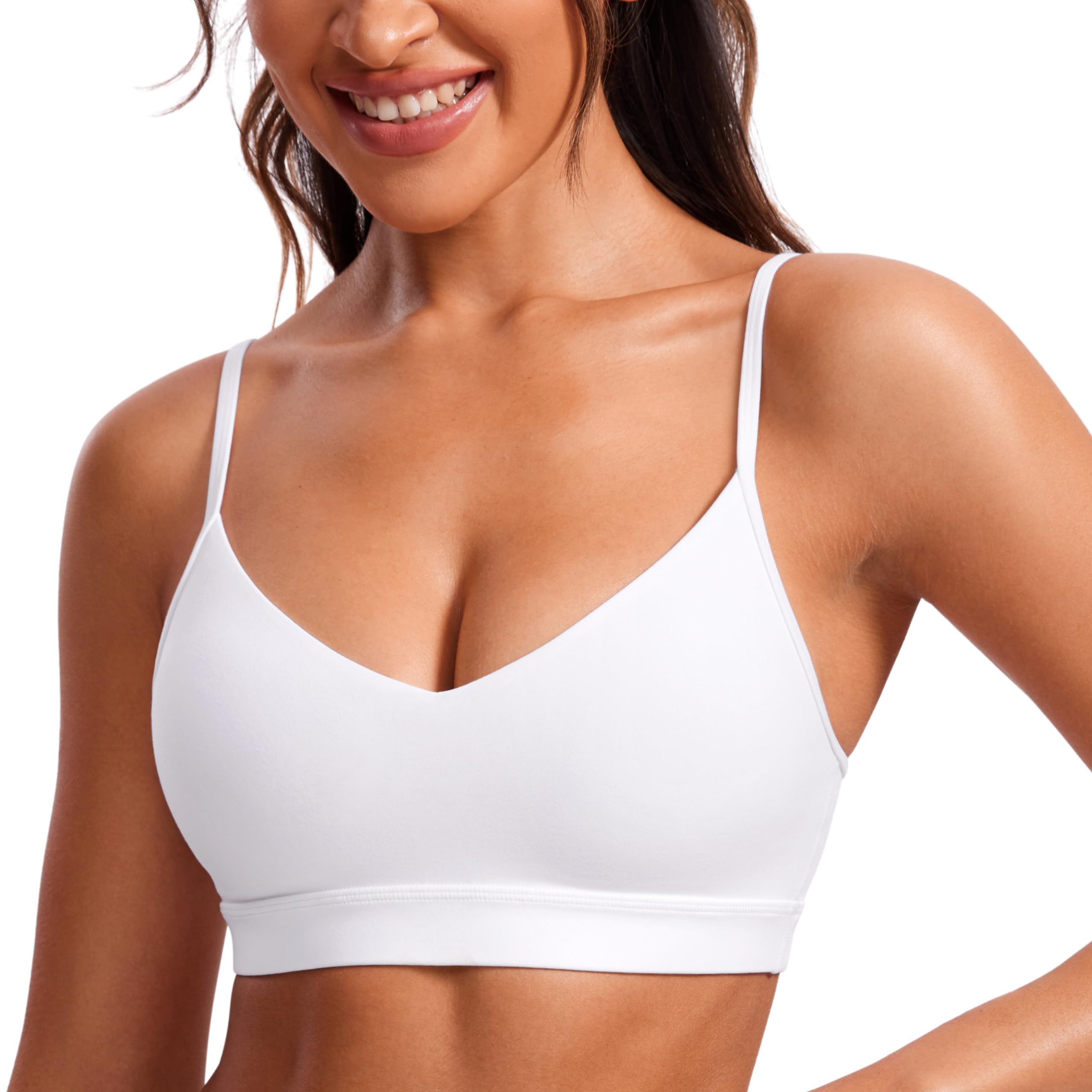 CRZ YOGA Butterluxe V Neck Sports Bras | Light Support, Removable Pads, Yoga, Extremely Soft, Square Back, Adjustable Spaghetti Straps, for Women
