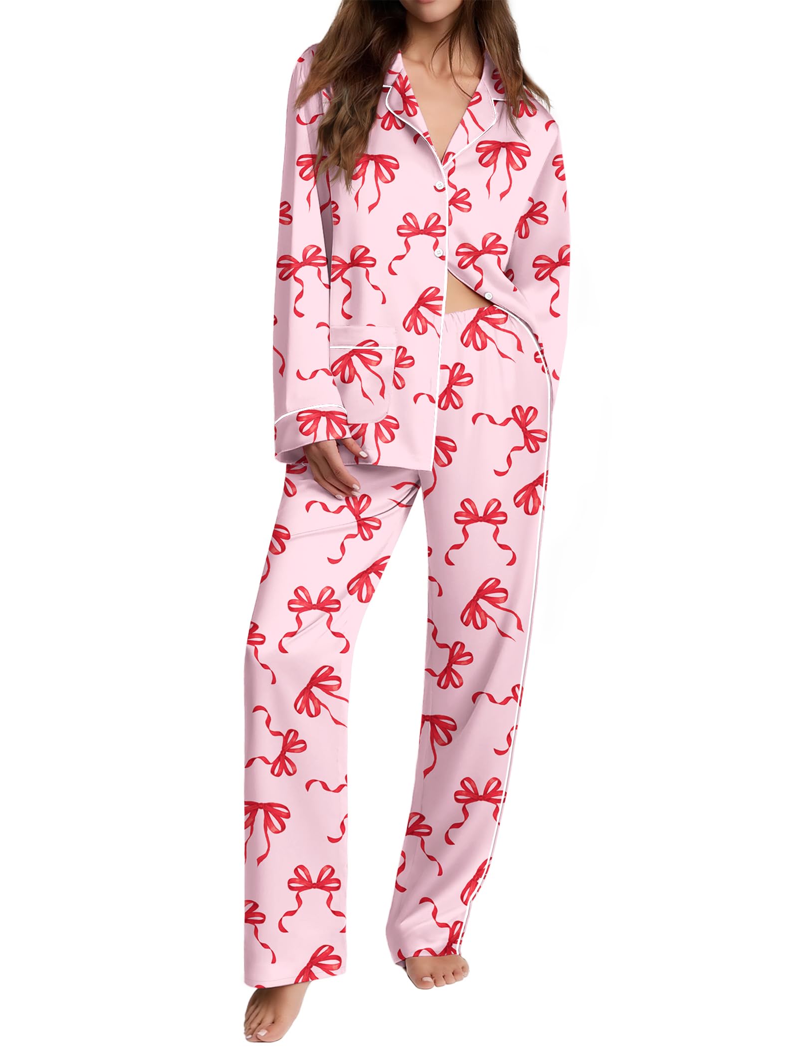 Ekouaer Womens Pajama Sets Satin Silk Pjs Long Sleeve Button Down Sleepwear