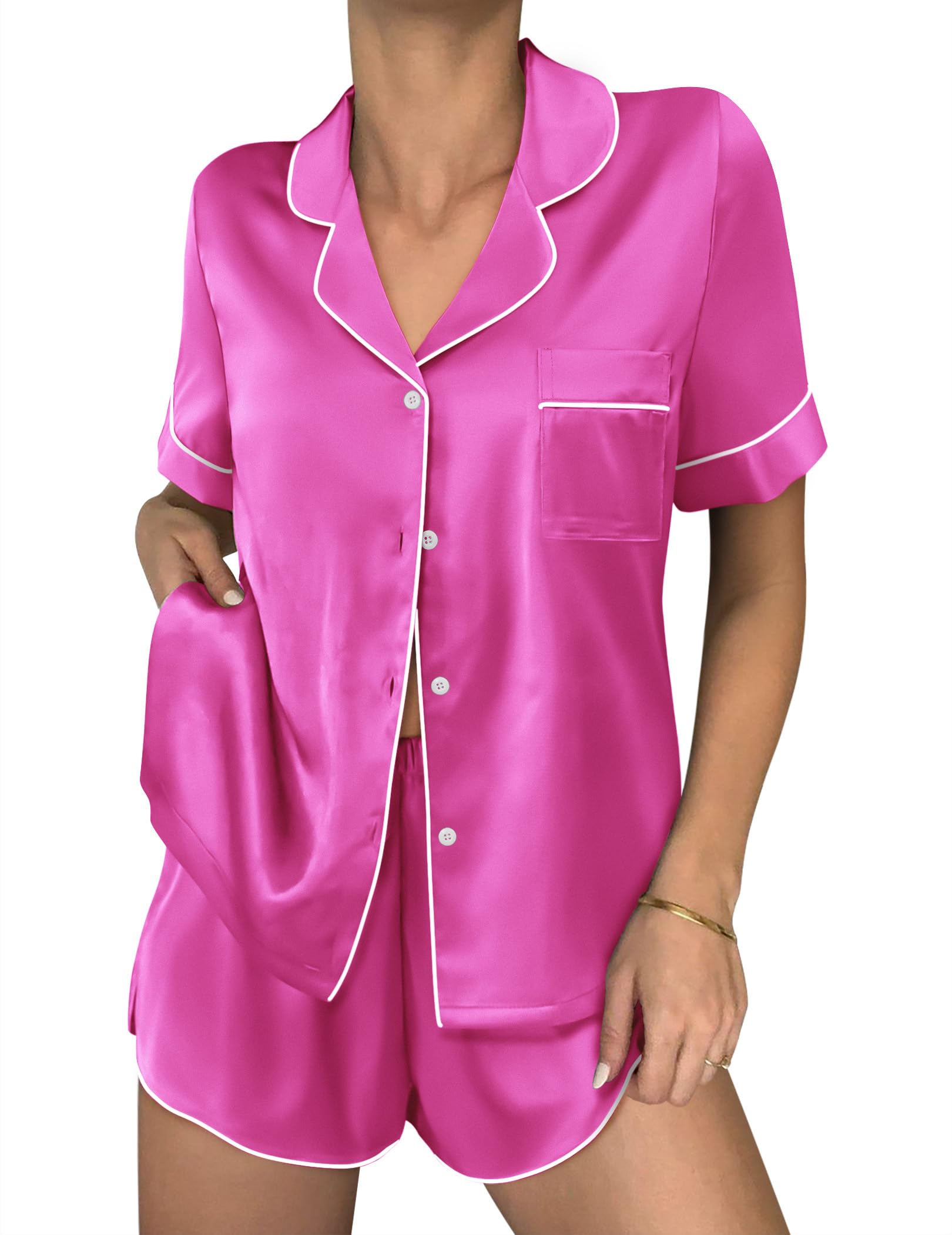 Ekouaer Women Satin Pajama Sets Cute Print Silk Pjs Shorts Sets S-4XL